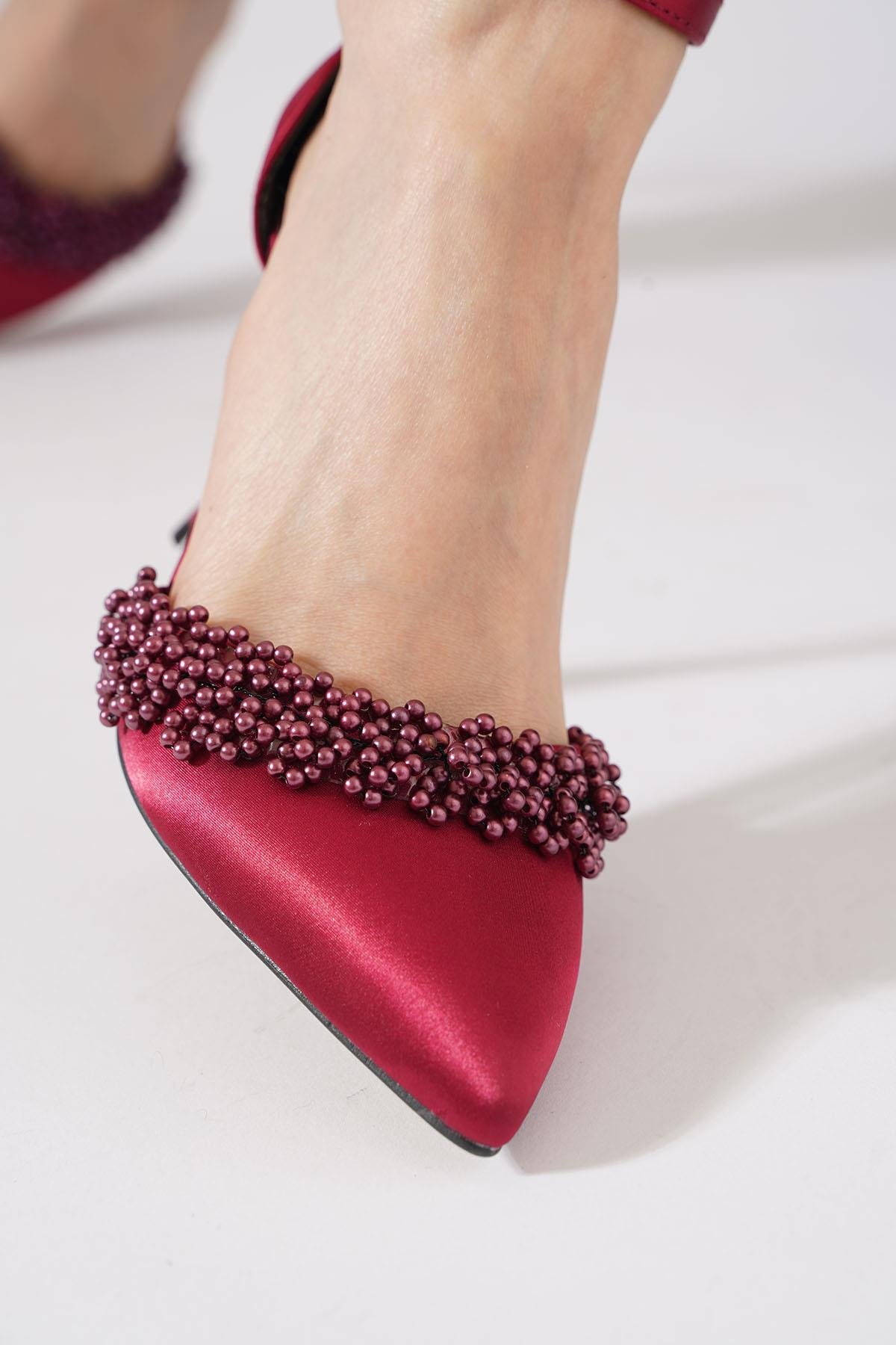 Vanles İncili Bilek Atkı Kadın Abiye Ayakkabı Bordo Saten