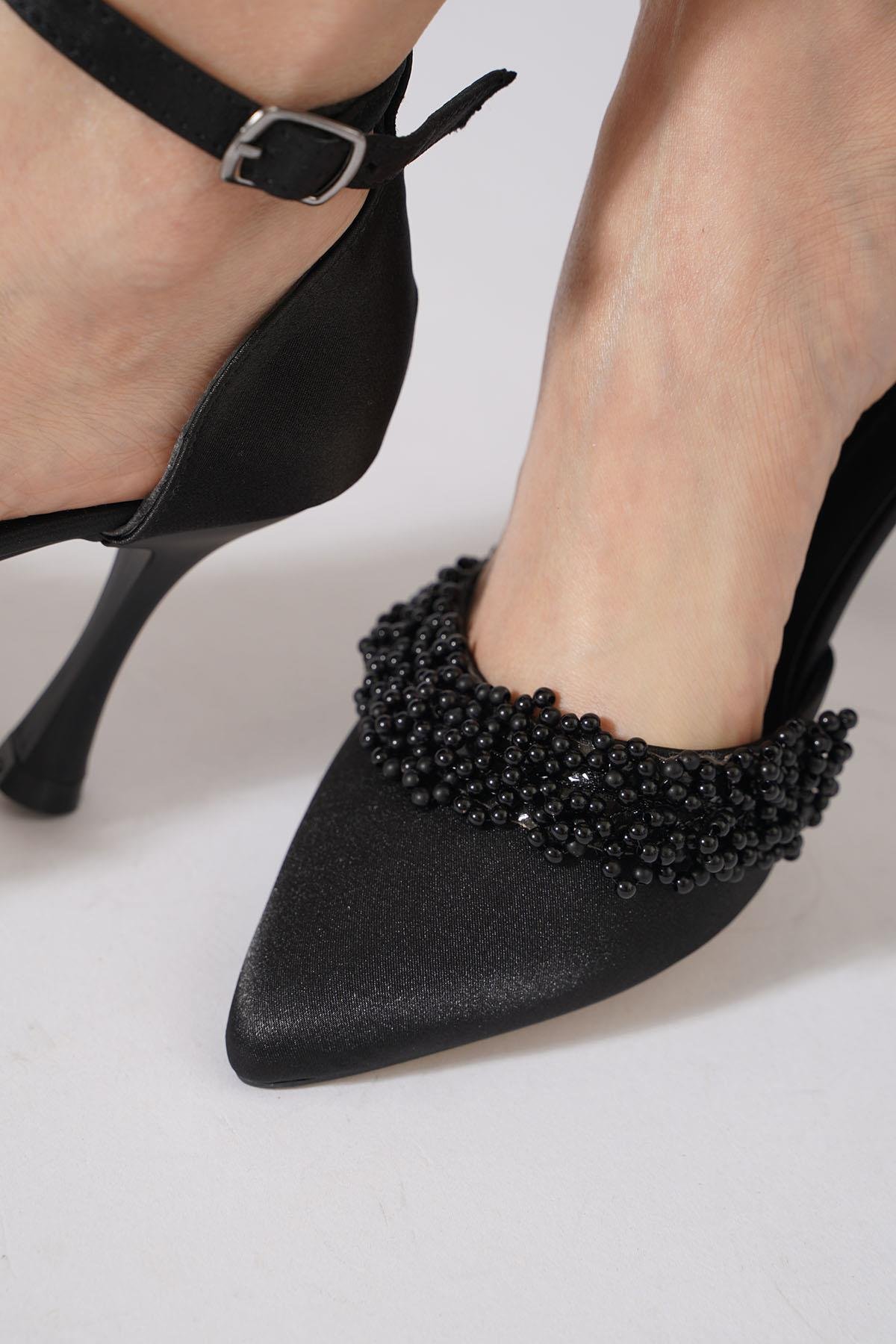 Vanles İncili Bilek Atkı Kadın Abiye Ayakkabı Siyah Saten