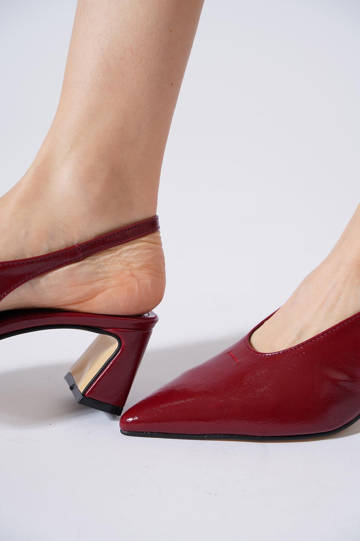 Warste Düz Yüz Arka Açık Kadın Topuklu Ayakkabı  Bordo Kırışık