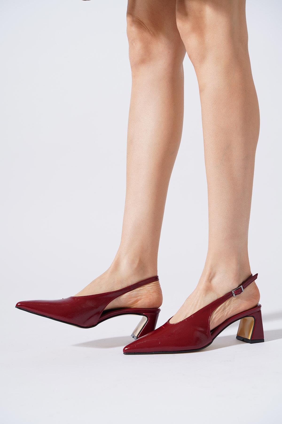Warste Düz Yüz Arka Açık Kadın Topuklu Ayakkabı  Bordo Kırışık