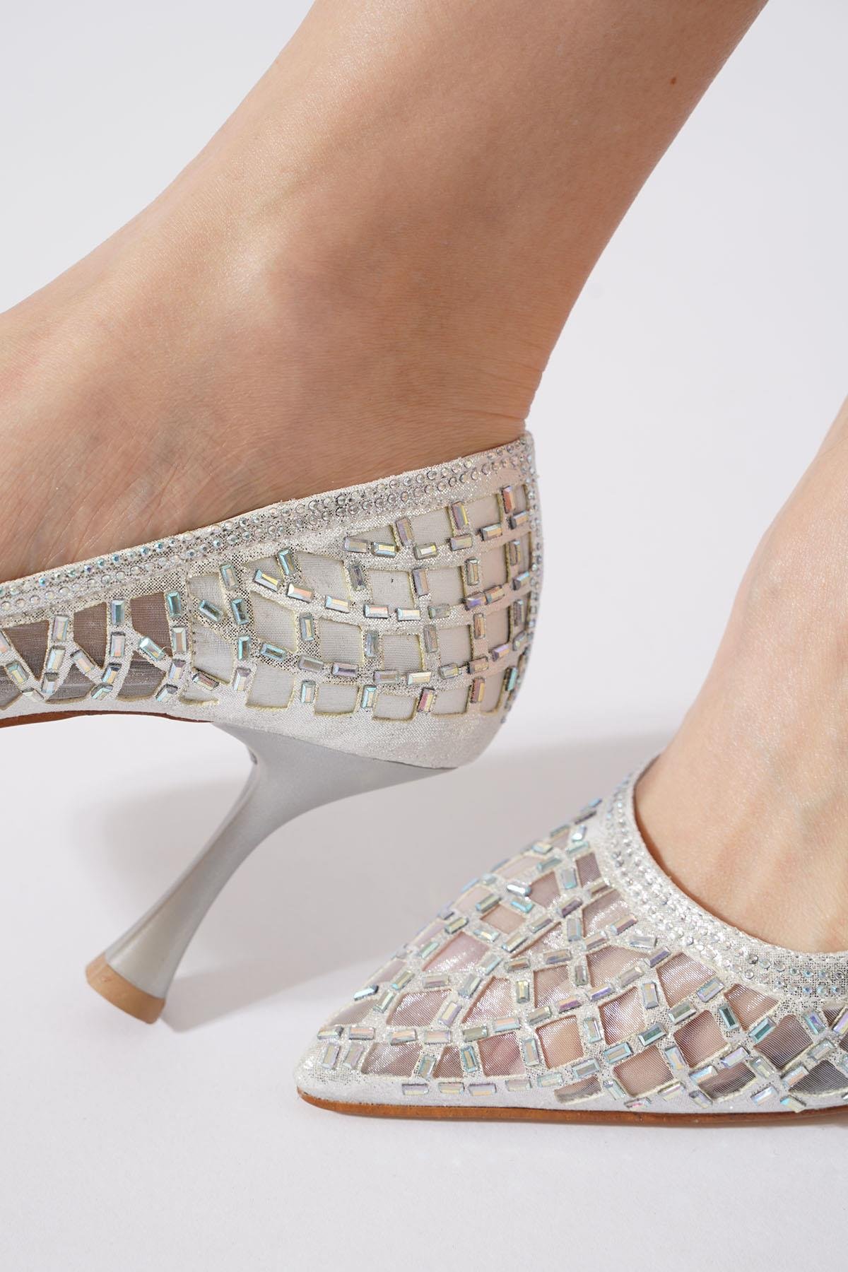 Wegres  Cam Taş yüksek Fileli Kadın Abiye Ayakkabı Gümüş Sıvama