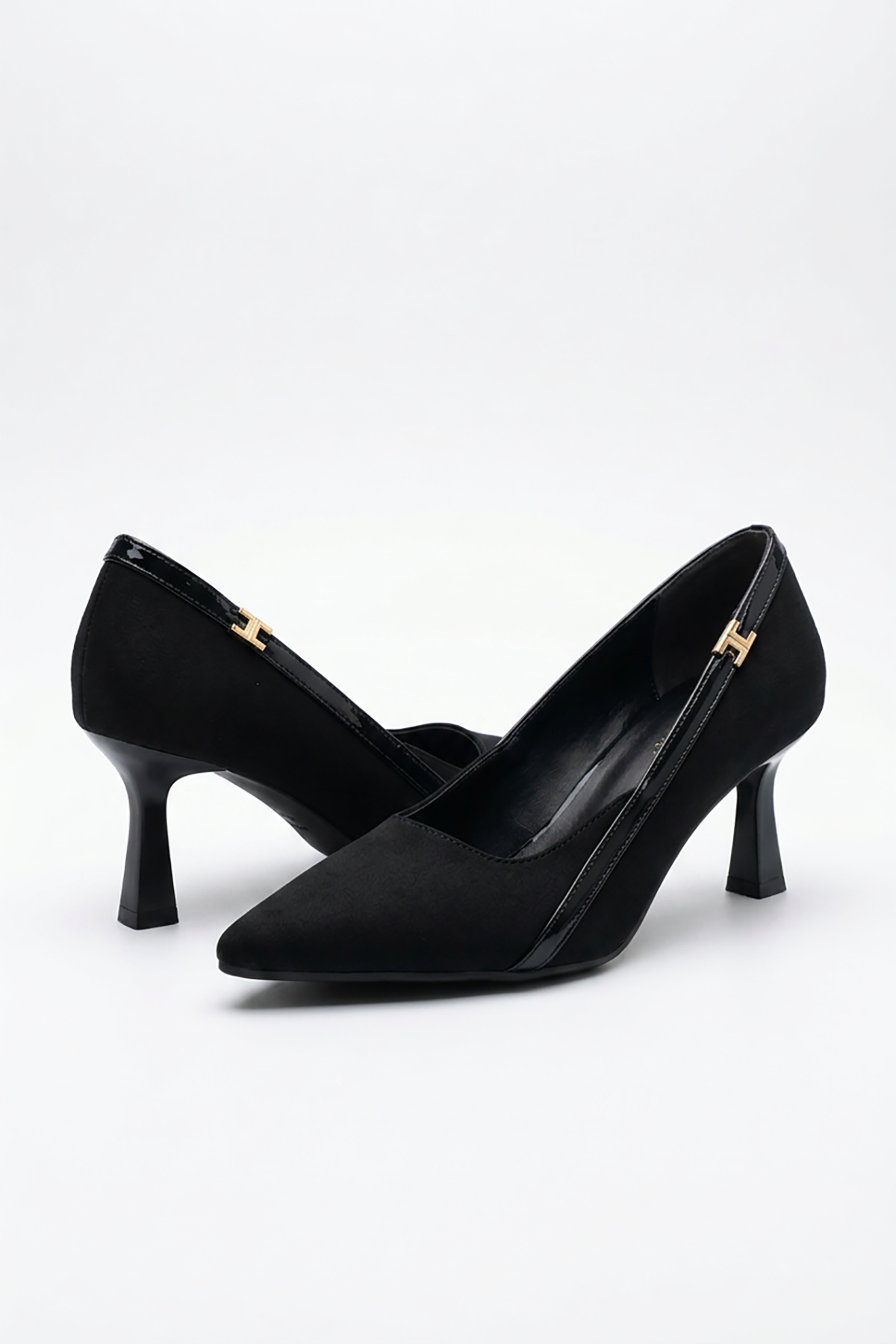 Zaret Yan Biye Tokalı Kadın Alçak Topuklu Stiletto Siyah Saten