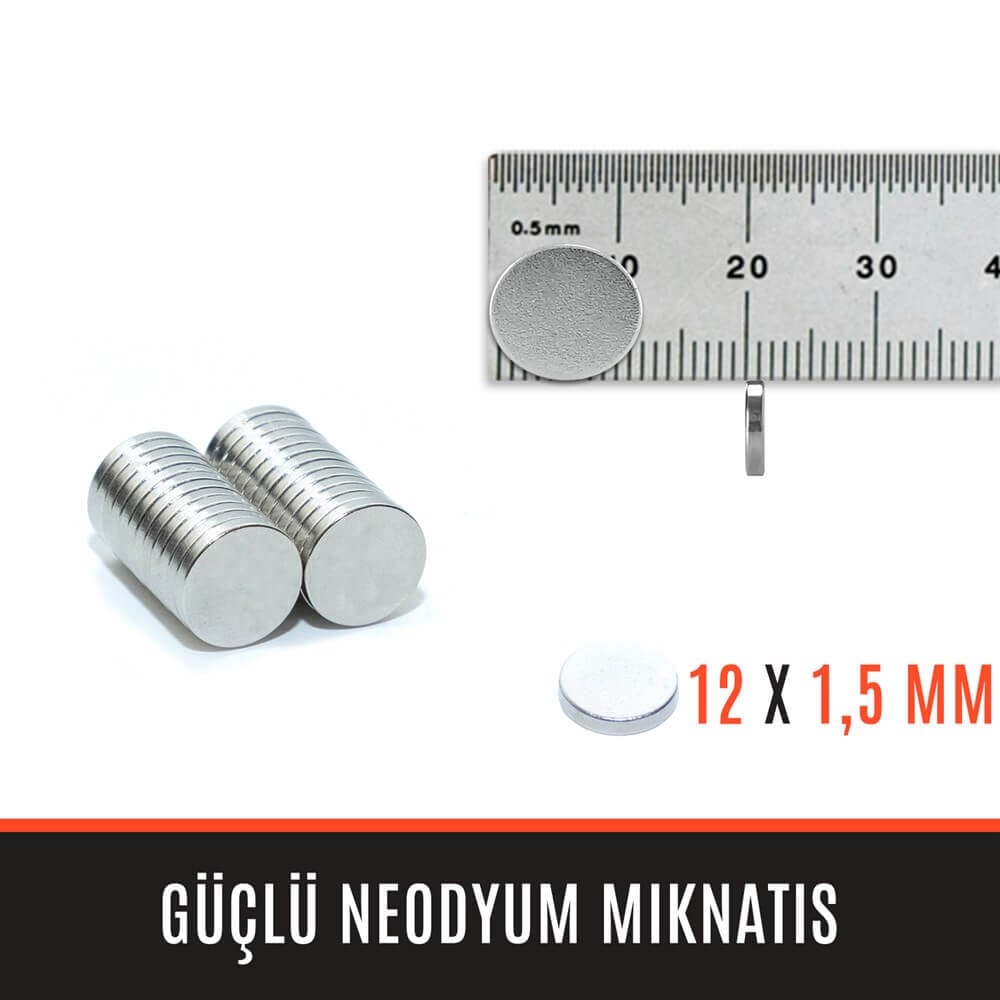 12mm X 1,5mm - Yuvarlak Güçlü Neodyum Mıknatıs