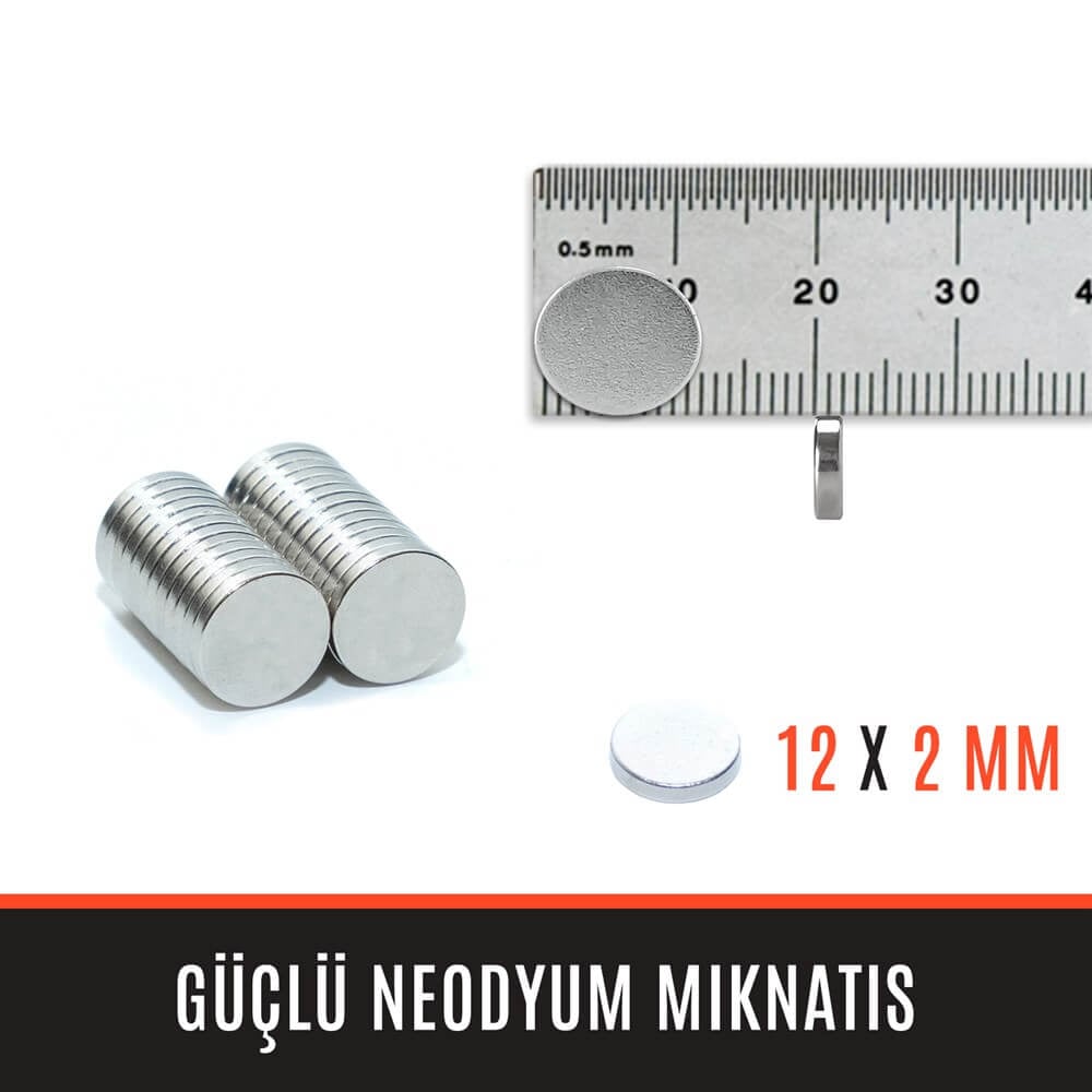 12mm X 2mm - Yuvarlak Güçlü Neodyum Mıknatıs