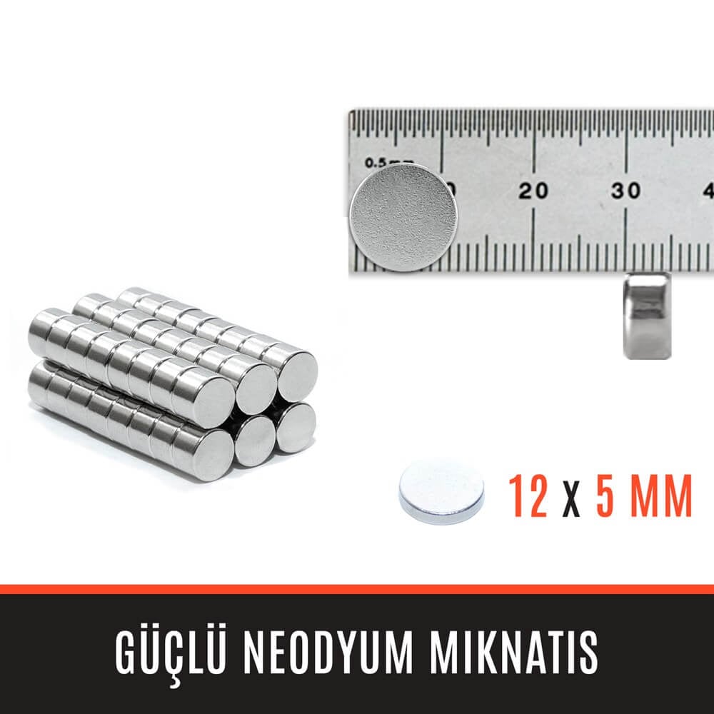 12mm X 5mm - Yuvarlak Güçlü Neodyum Mıknatıs