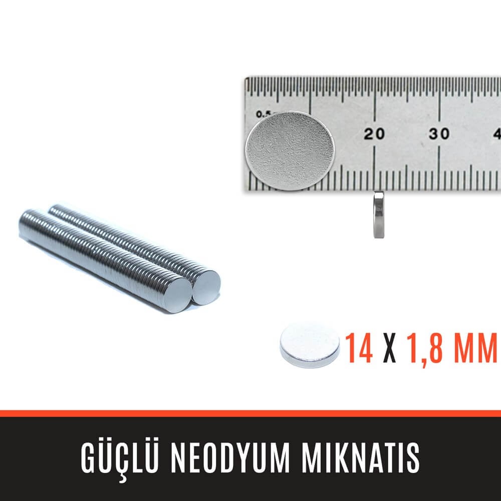 14mm X 1,8mm - Yuvarlak Güçlü Neodyum Mıknatıs