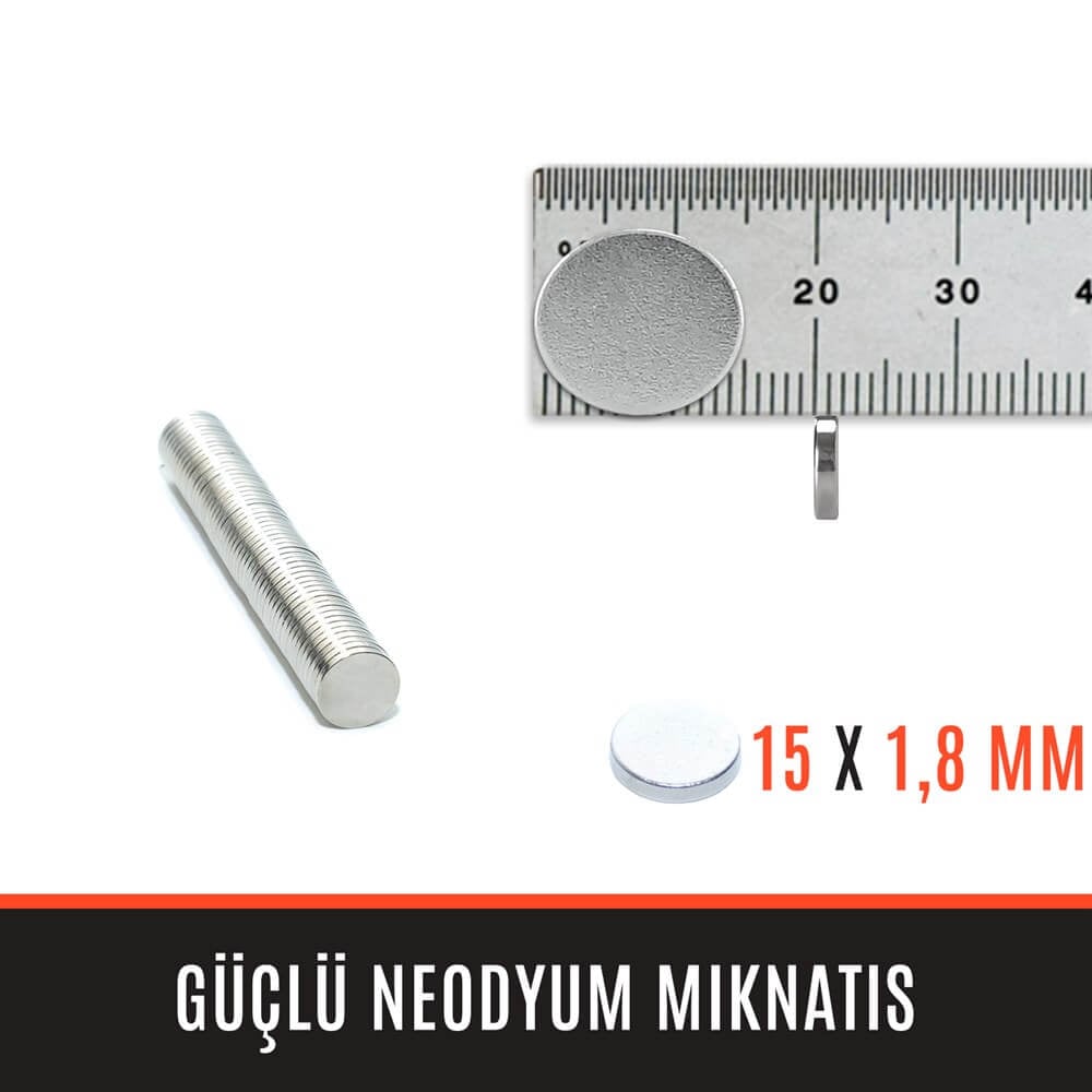 15mm X 1,8mm - Yuvarlak Güçlü Neodyum Mıknatıs