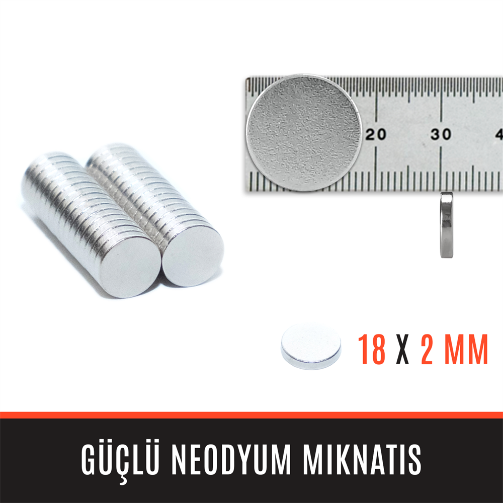 18mm X 2mm - Yuvarlak Güçlü Neodyum Mıknatıs