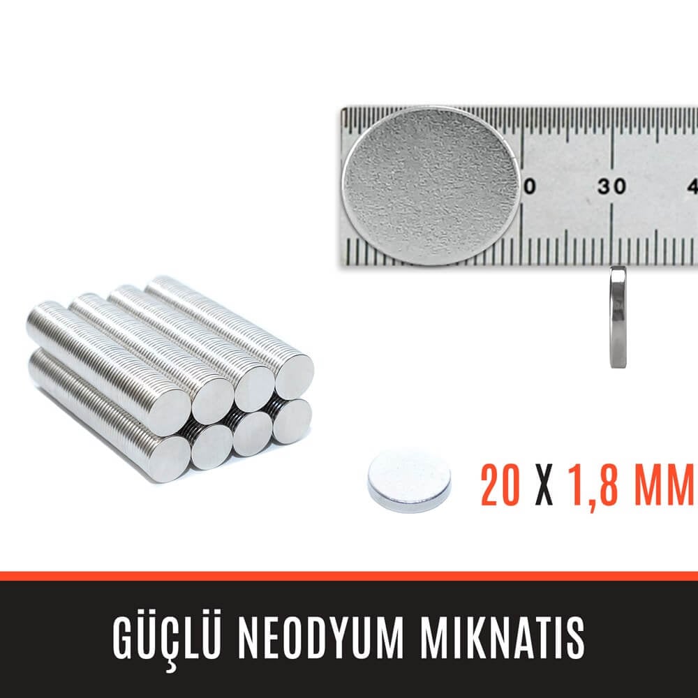 20mm X 1,8mm - Yuvarlak Güçlü Neodyum Mıknatıs