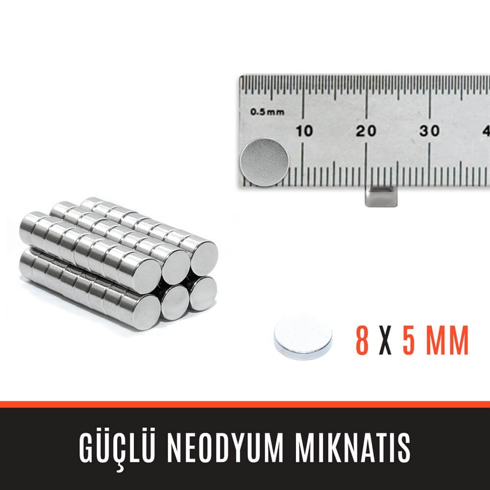 8mm X 5mm - Yuvarlak Güçlü Neodyum Mıknatıs