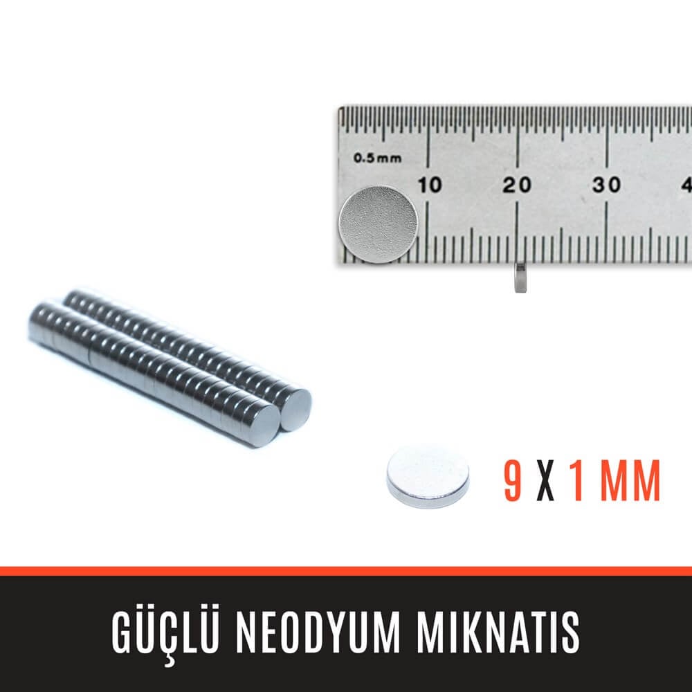 9mm X 1mm - Yuvarlak Güçlü Neodyum Mıknatıs