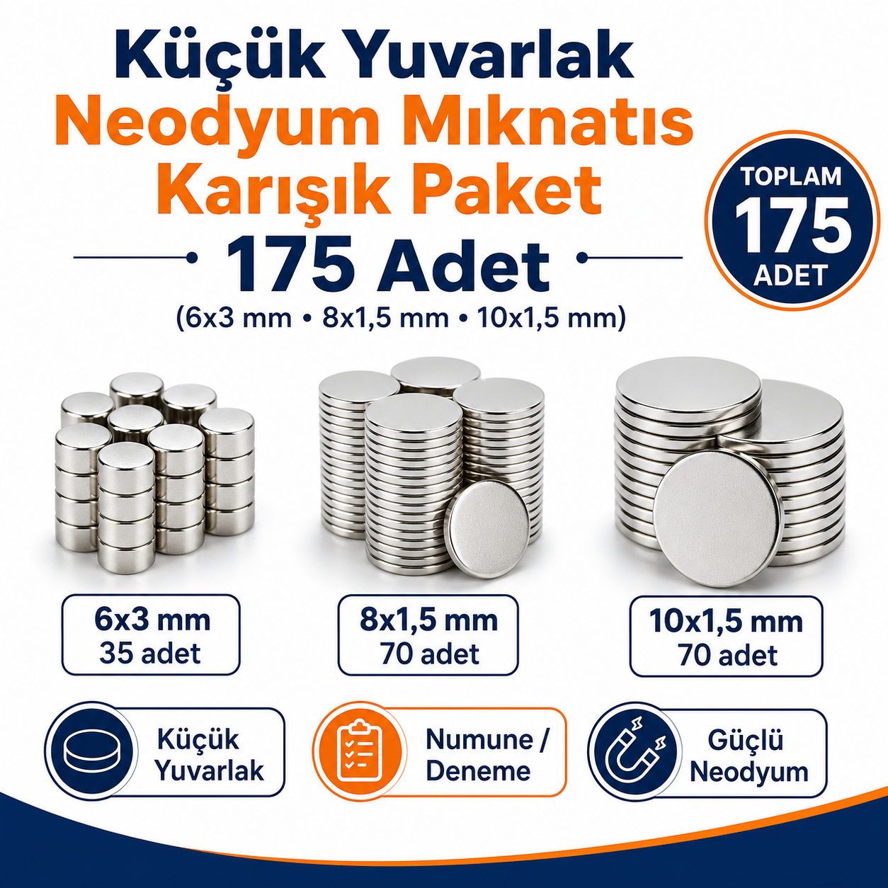 Küçük Yuvarlak Neodyum Mıknatıs Karışık Paket - 175 Adet (6x3 - 8x1,5 - 10x1,5 mm)