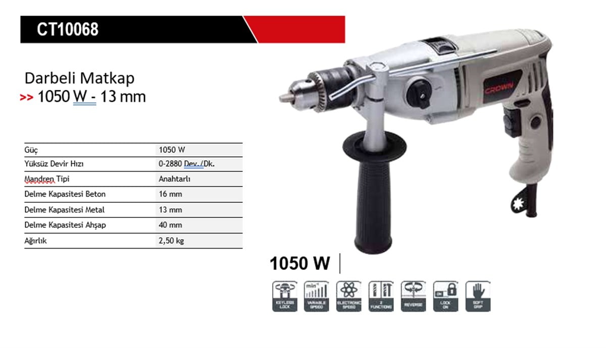Crown Darbeli Matkap
1050 W - 13 mm