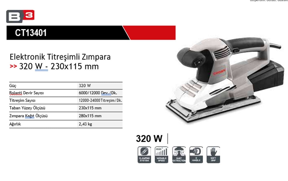 Crown Elektronik Titreşimli Zımpara 
320 W - 230x115 mm