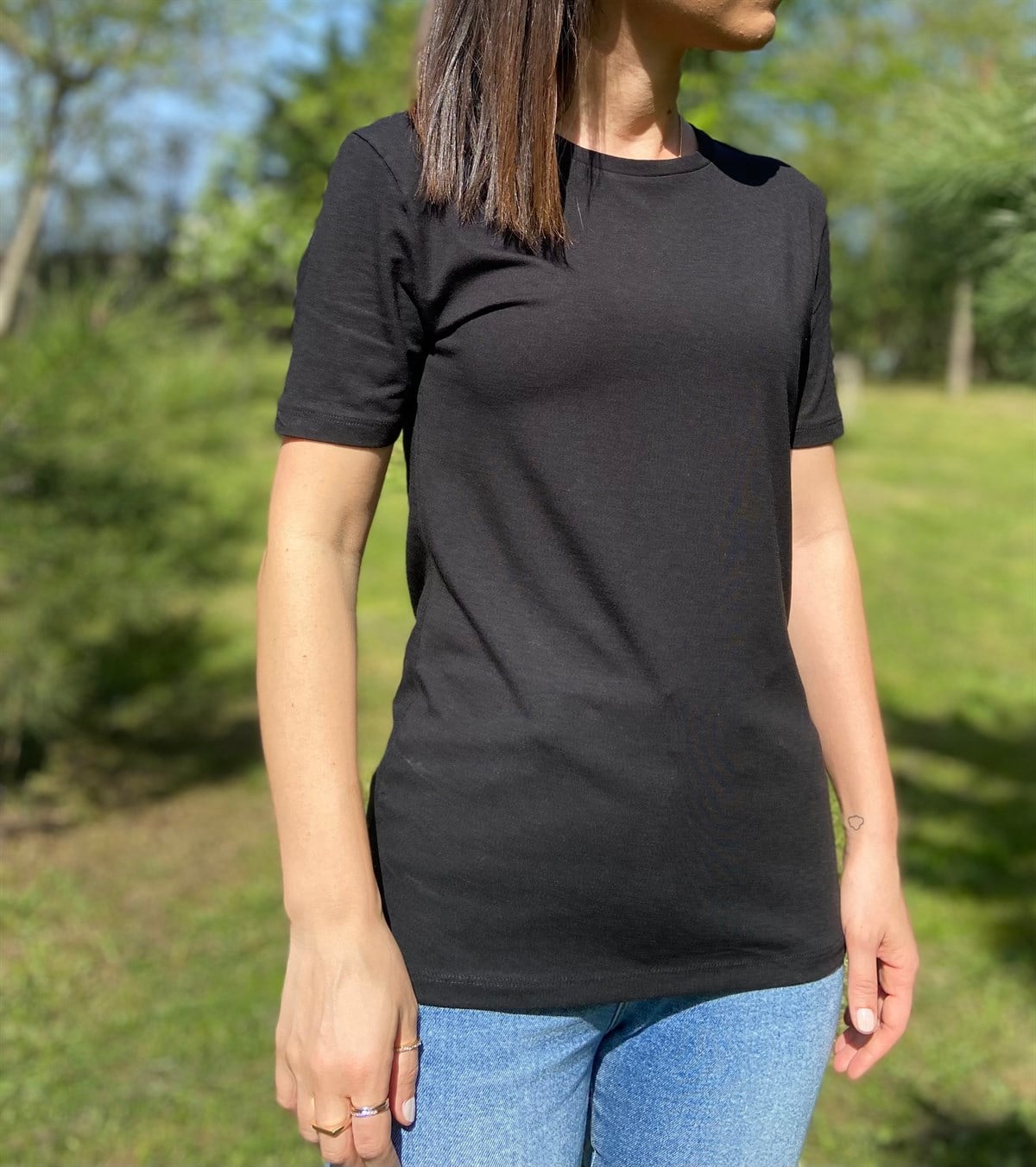 Cotton Modal Yuvarlak Yaka Siyah Tişört