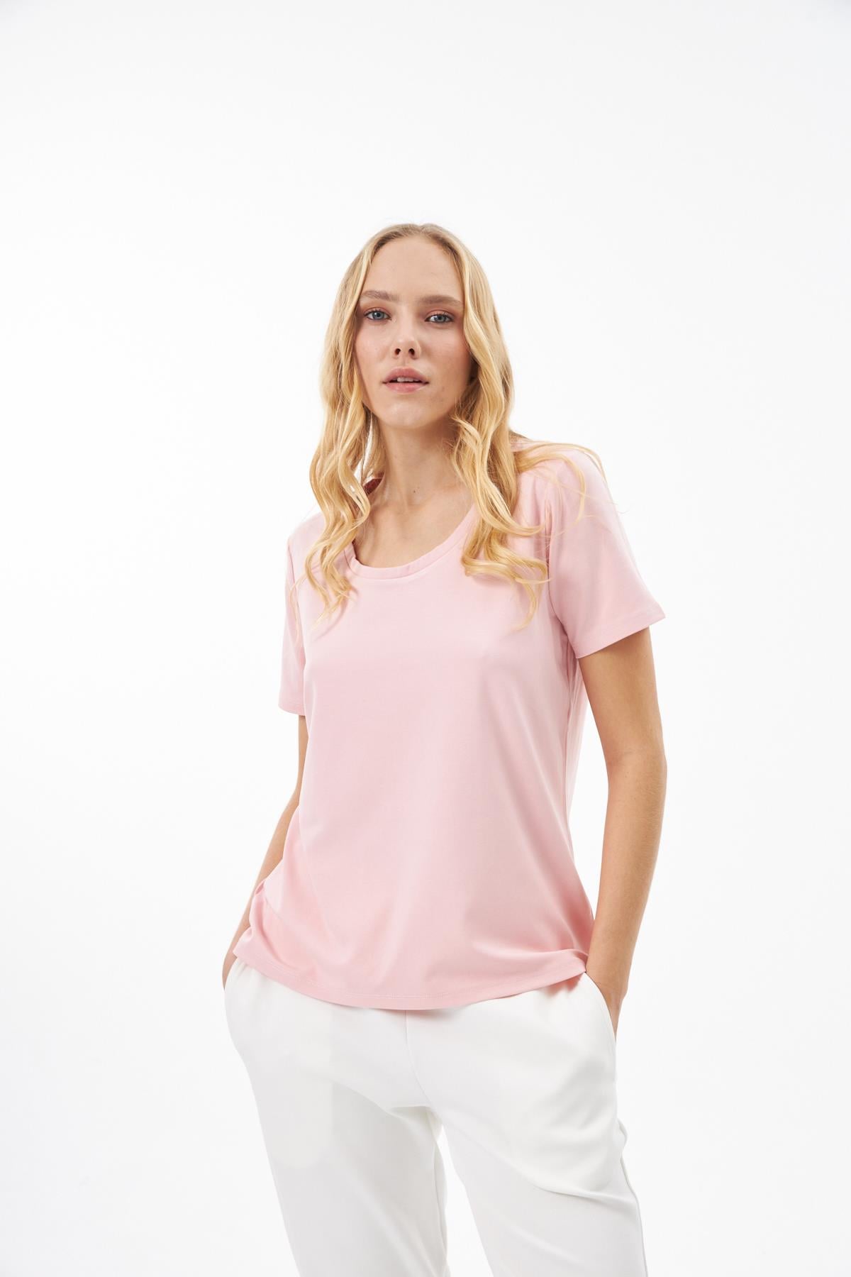 Micromodal Basic Yuvarlak Yaka Pembe Tişört