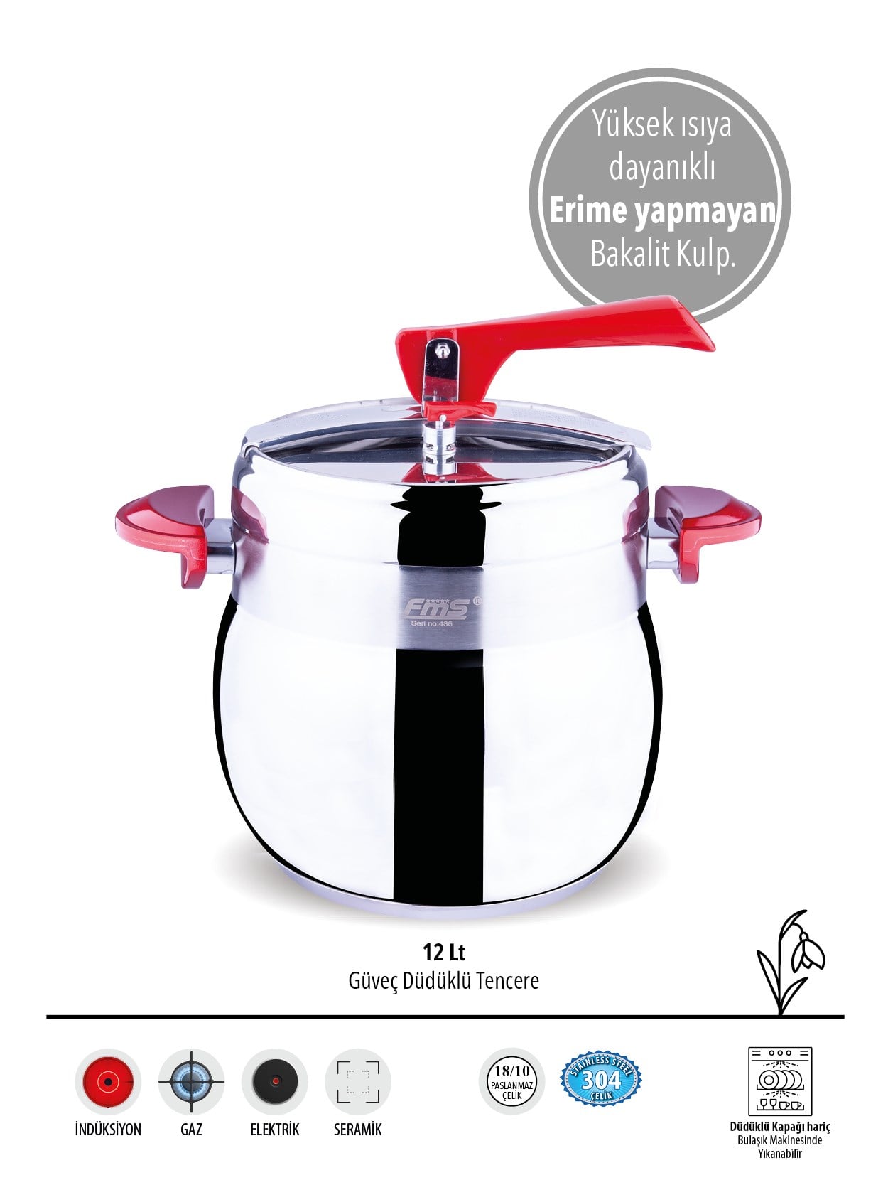 | Güveç Tipi Kırmızı Düdüklü Tencere | 12 Lt Sınıfı | Güvenli Basınç Sistemi | 18/10 Paslanmaz |