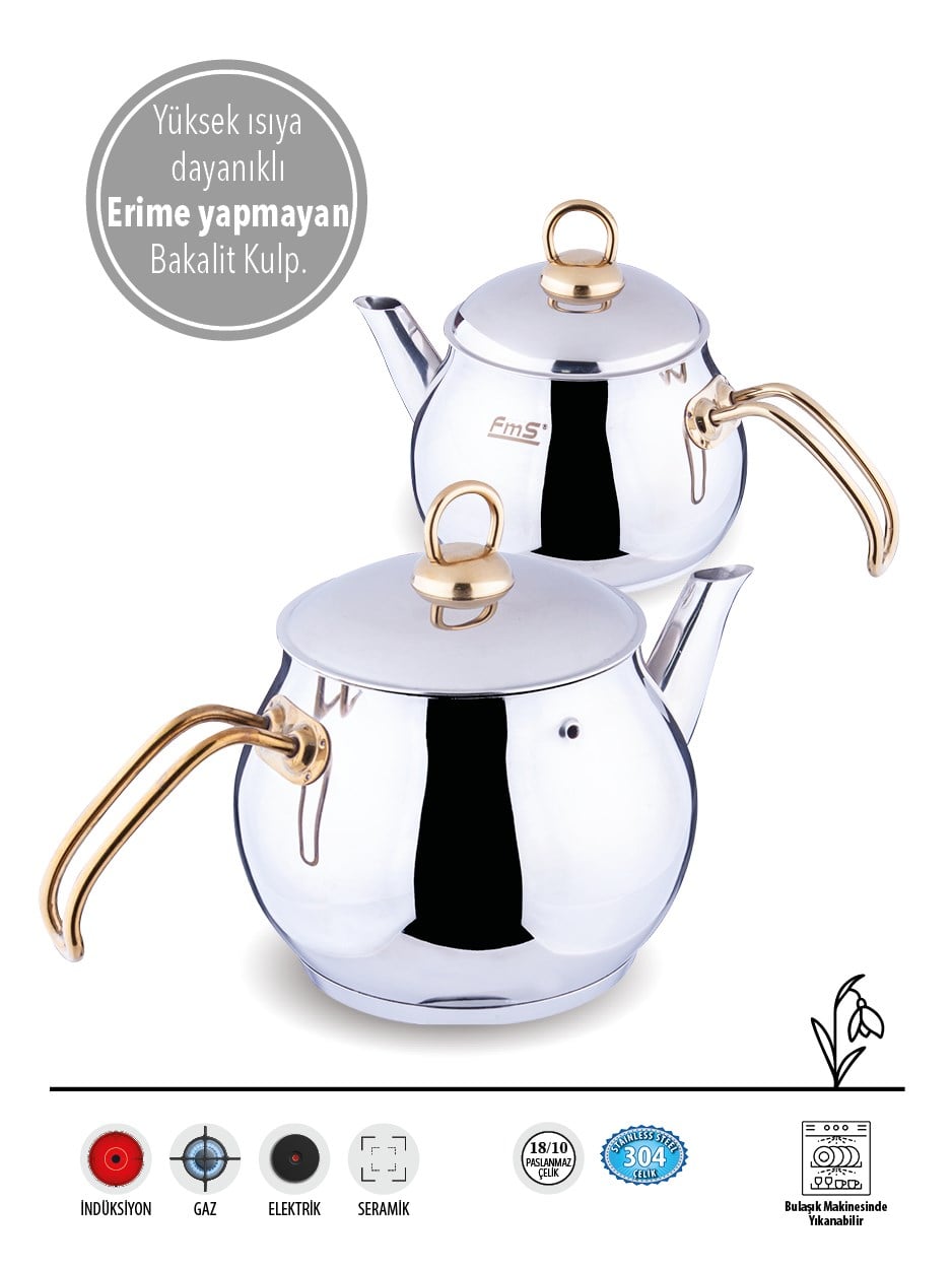 | Orta Boy Küre Gold 18/10 Çelik Çaydanlık | İndüksiyon Taban | 1,25 L+ 2,30 L |