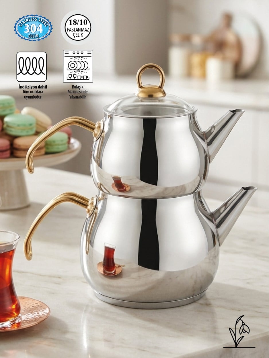 | Orta Boy Küre Gold 18/10 Çelik Çaydanlık | İndüksiyon Taban | 1,25 L+ 2,30 L |