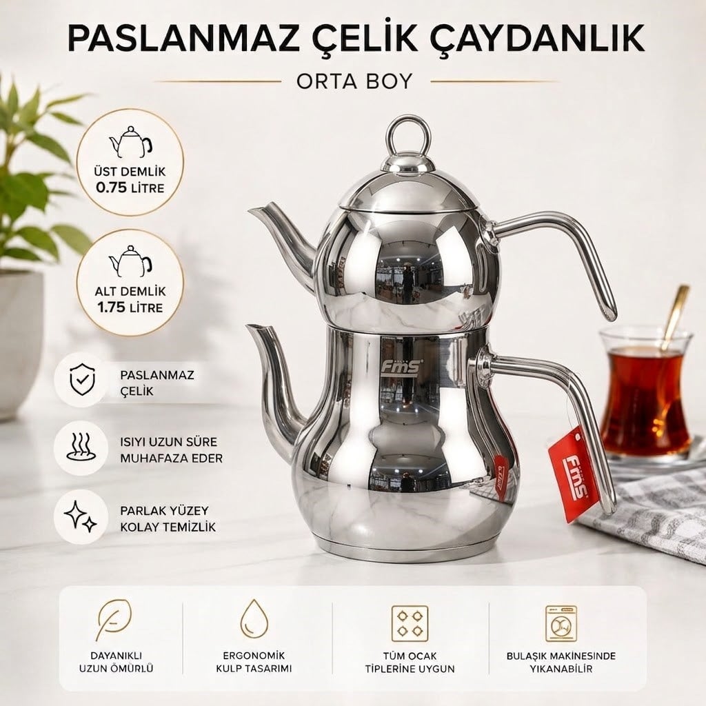 AYDER ORTA BOY ÇAYDANLIK | 18/10 PASLANMAZ ÇELİK | İNDÜKSİYON TABAN | 0,75 L + 1,75 L |