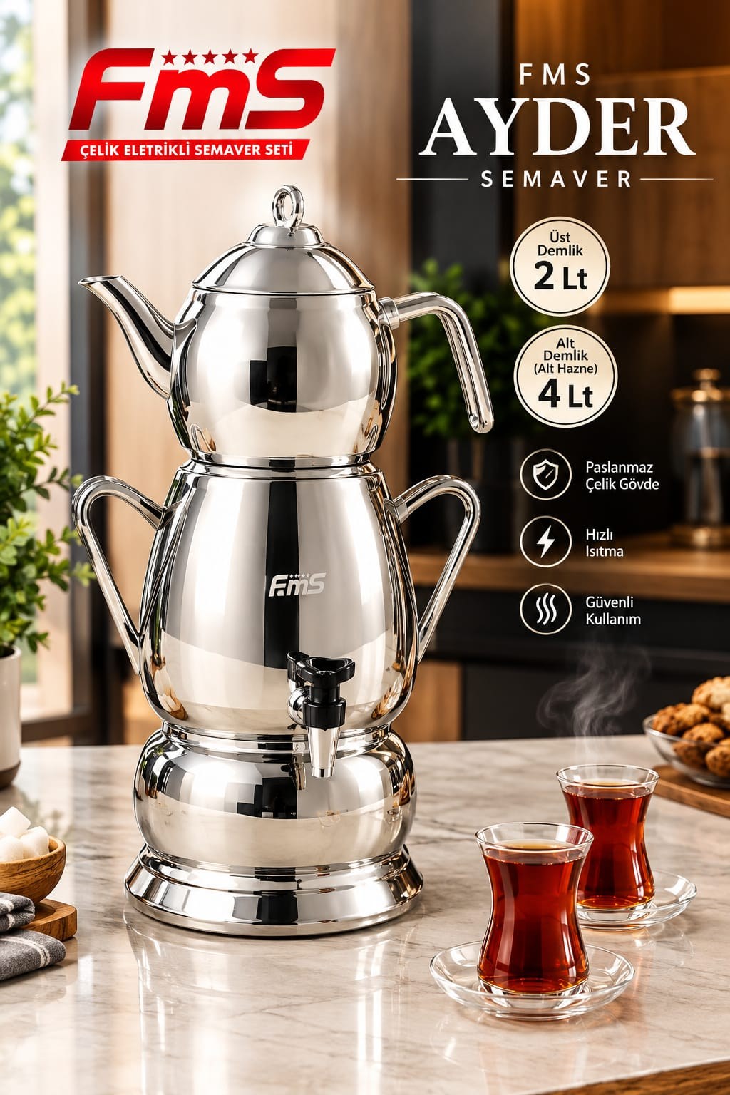 Ayder Premium 18/10 Paslanmaz Çelik Elektrikli Semaver Seti – 4 Litre Su Haznesi, 2 Litre Demlik