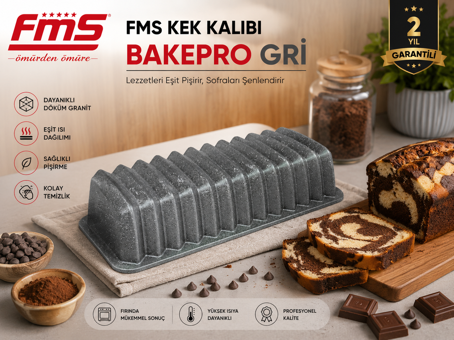 Bakepro Gri Döküm Granit Kek Kalıbı | Yapışmaz Yüzeyli |