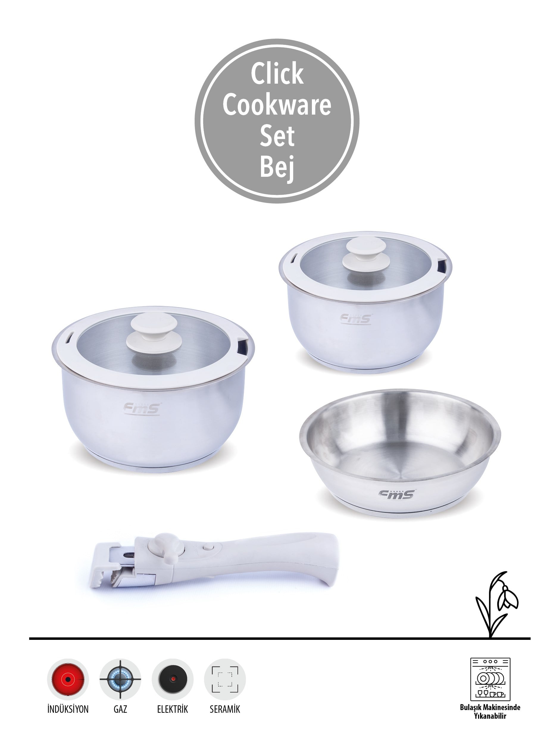 CLICK COOKWARE SET BEJ | 18/10 PASLANMAZ ÇELİK | ÇIKARILABİLİR SAP | 18 CM-22 CM-22 CM |