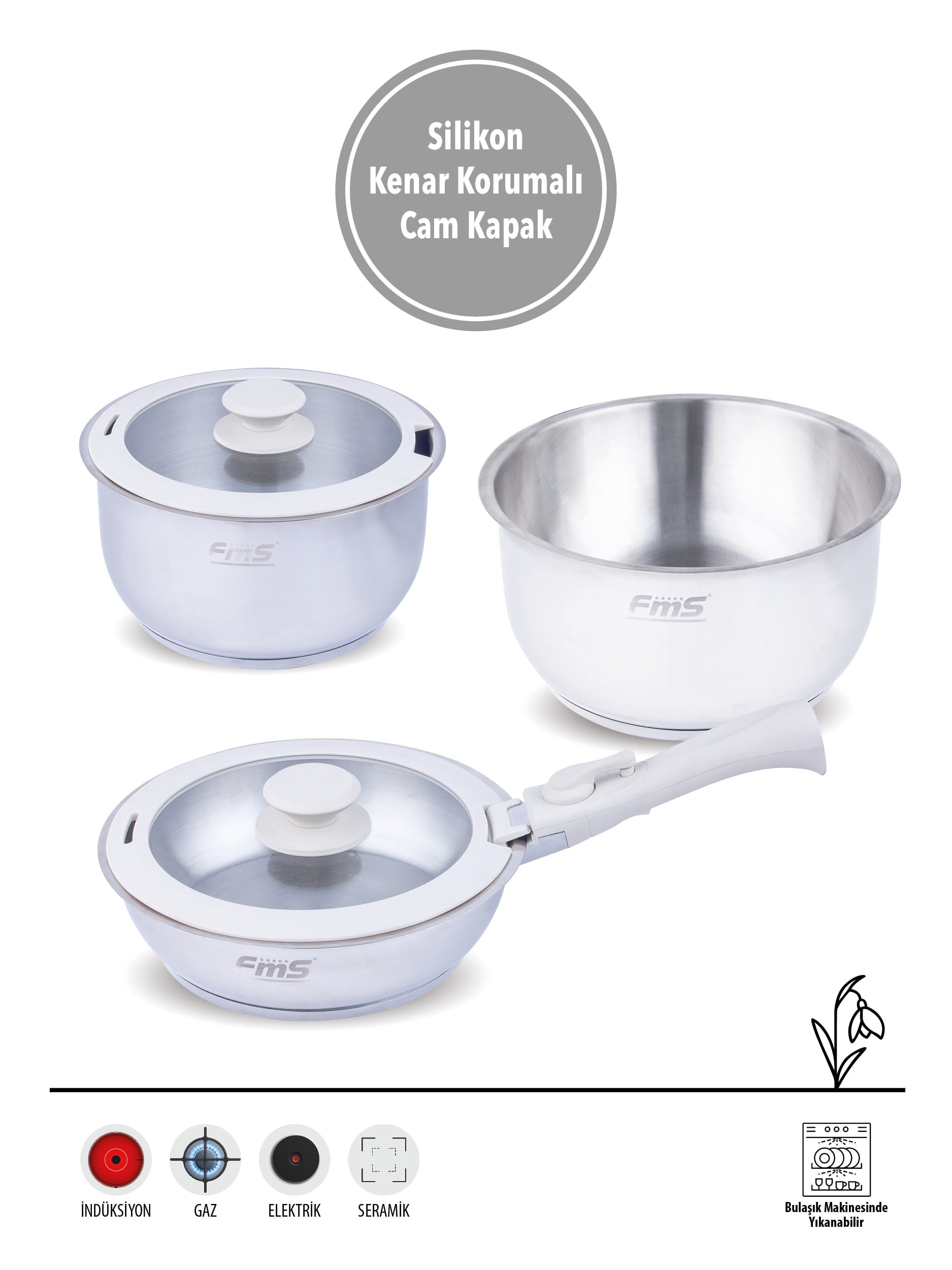 CLICK COOKWARE SET BEJ | 18/10 PASLANMAZ ÇELİK | ÇIKARILABİLİR SAP | 18 CM-22 CM-22 CM |