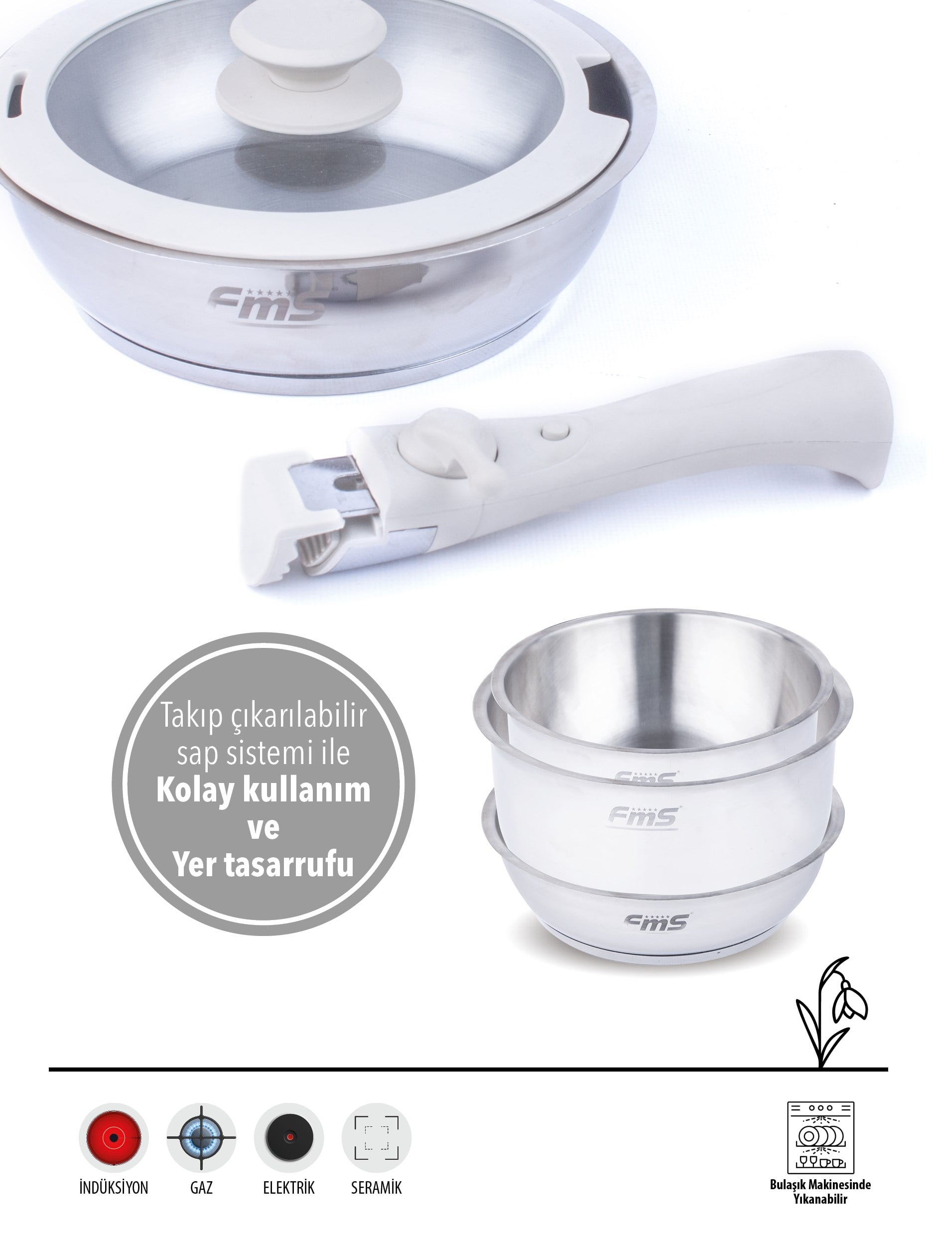 CLICK COOKWARE SET BEJ | 18/10 PASLANMAZ ÇELİK | ÇIKARILABİLİR SAP | 18 CM-22 CM-22 CM |