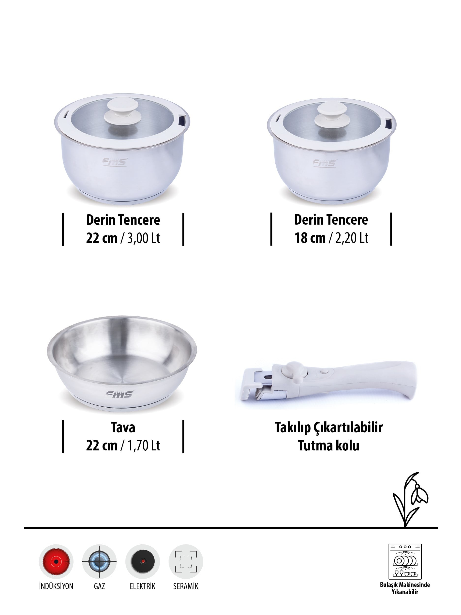 CLICK COOKWARE SET BEJ | 18/10 PASLANMAZ ÇELİK | ÇIKARILABİLİR SAP | 18 CM-22 CM-22 CM |