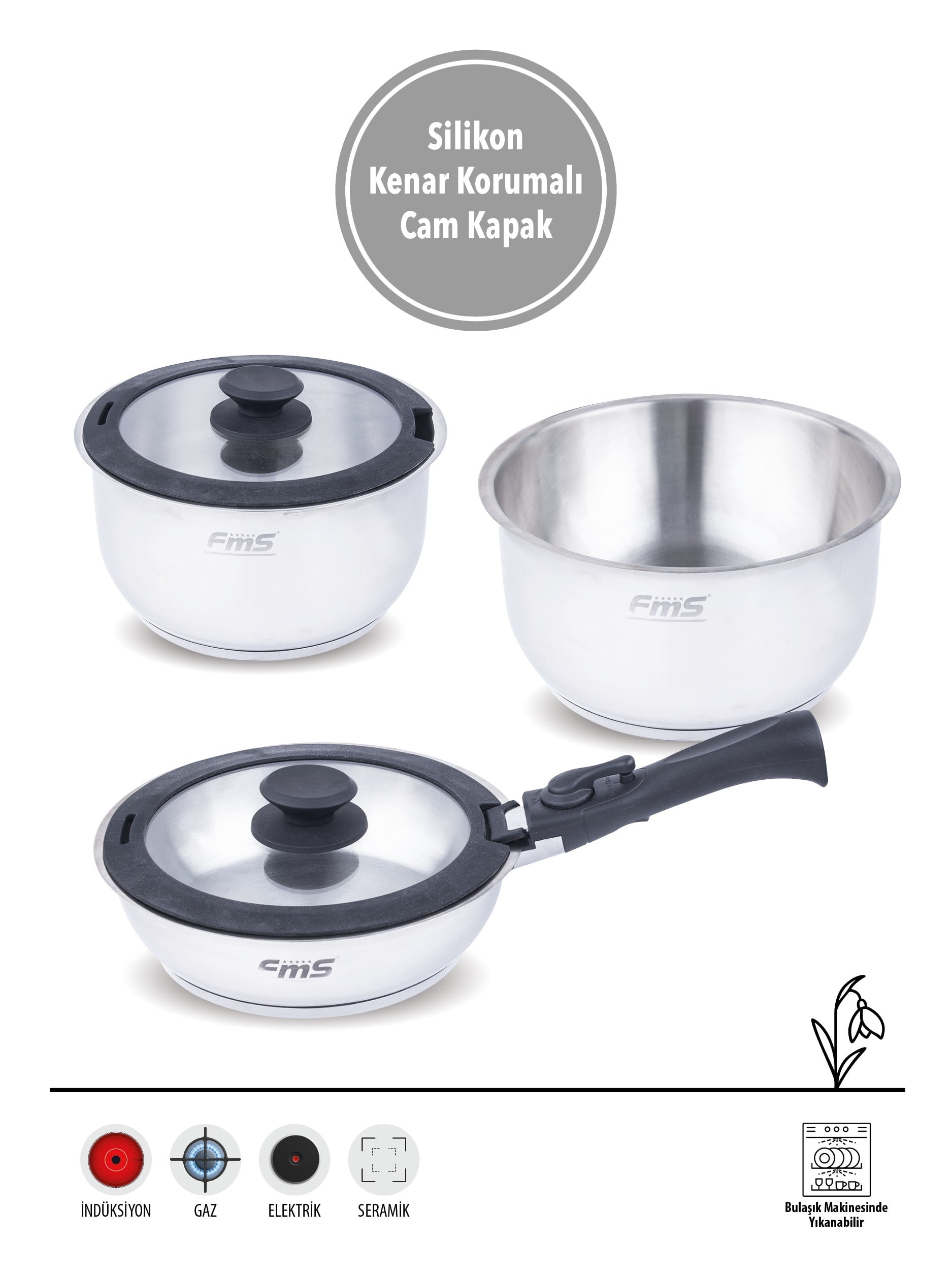 CLICK COOKWARE SET SİYAH | 18/10 PASLANMAZ ÇELİK | ÇIKARILABİLİR SAP | 18 CM-22 CM-22 CM |