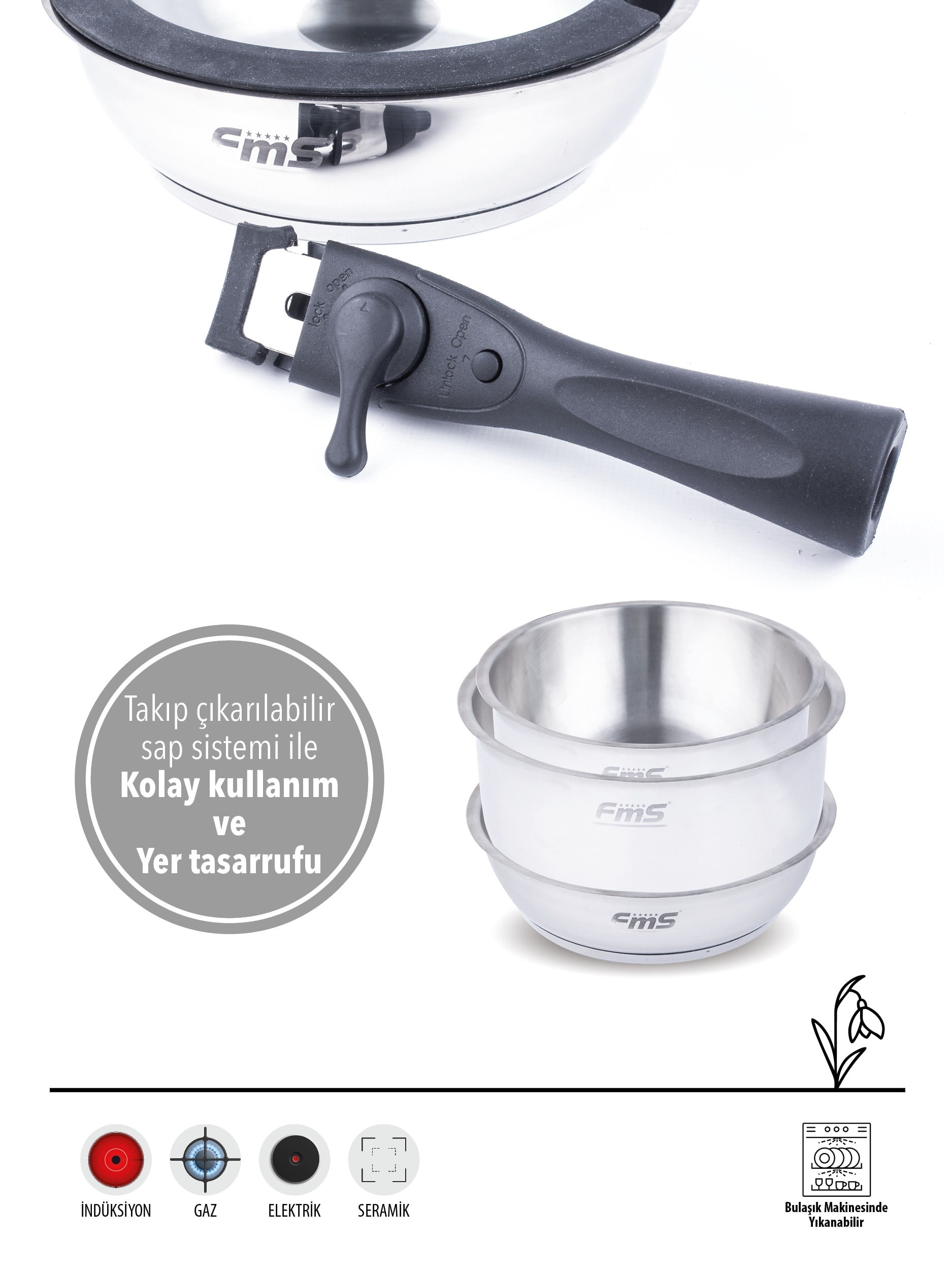 CLICK COOKWARE SET SİYAH | 18/10 PASLANMAZ ÇELİK | ÇIKARILABİLİR SAP | 18 CM-22 CM-22 CM |