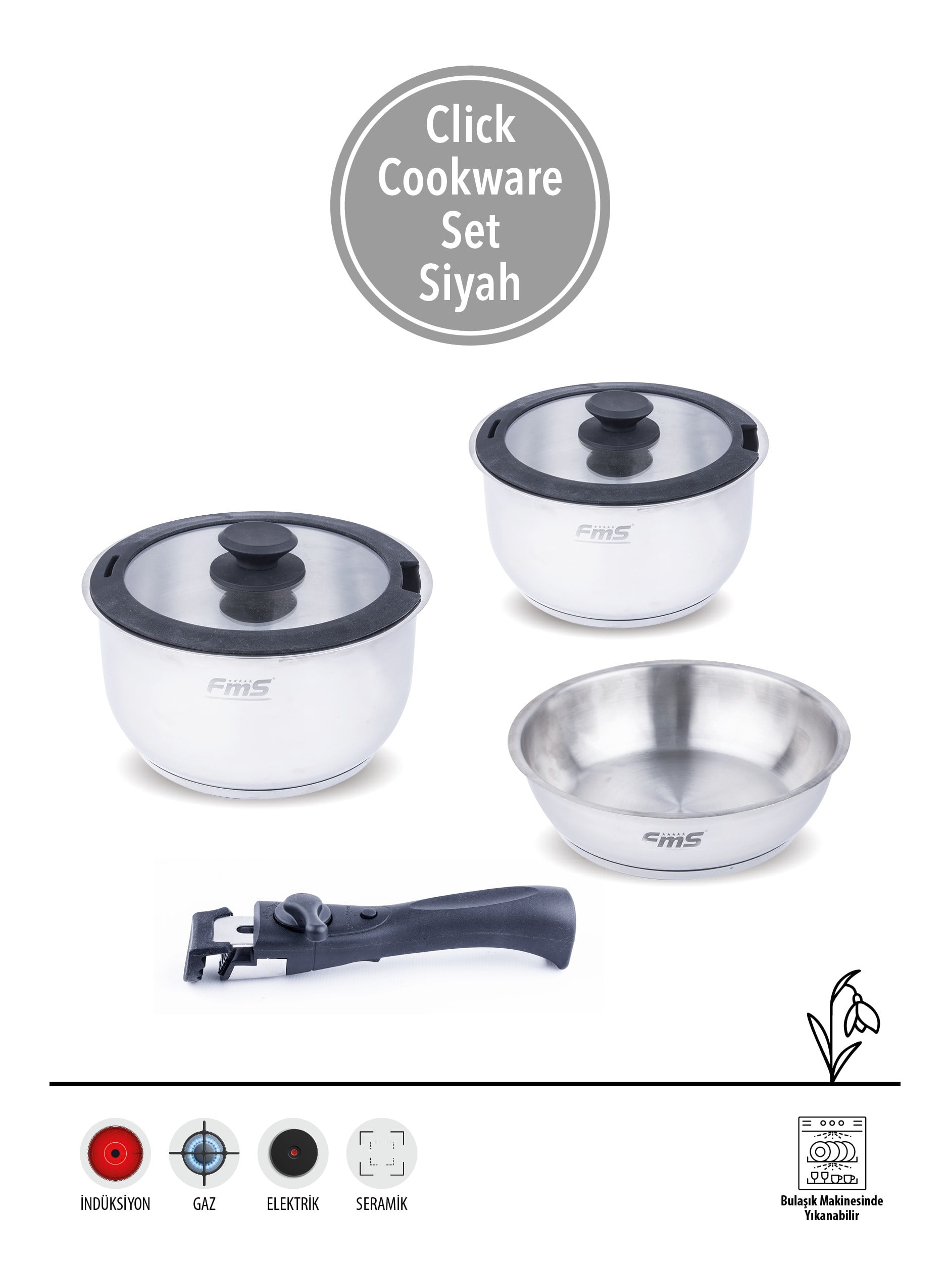 CLICK COOKWARE SET SİYAH | 18/10 PASLANMAZ ÇELİK | ÇIKARILABİLİR SAP | 18 CM-22 CM-22 CM |