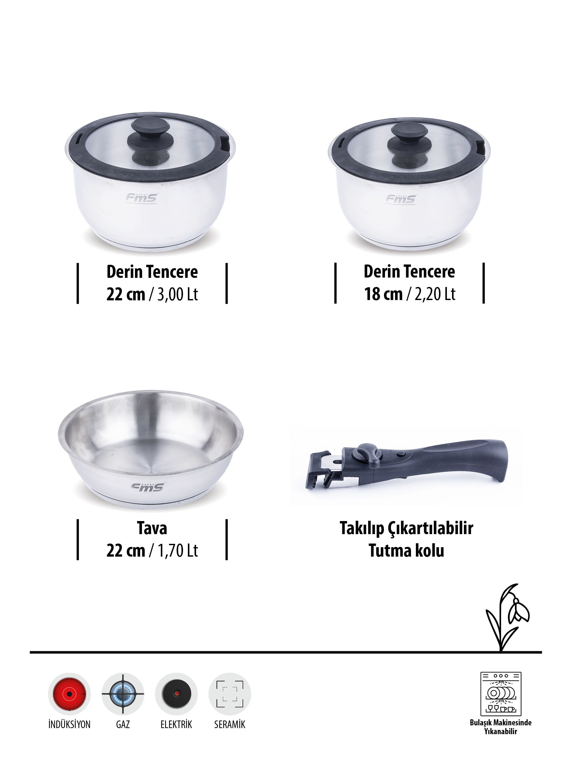 CLICK COOKWARE SET SİYAH | 18/10 PASLANMAZ ÇELİK | ÇIKARILABİLİR SAP | 18 CM-22 CM-22 CM |