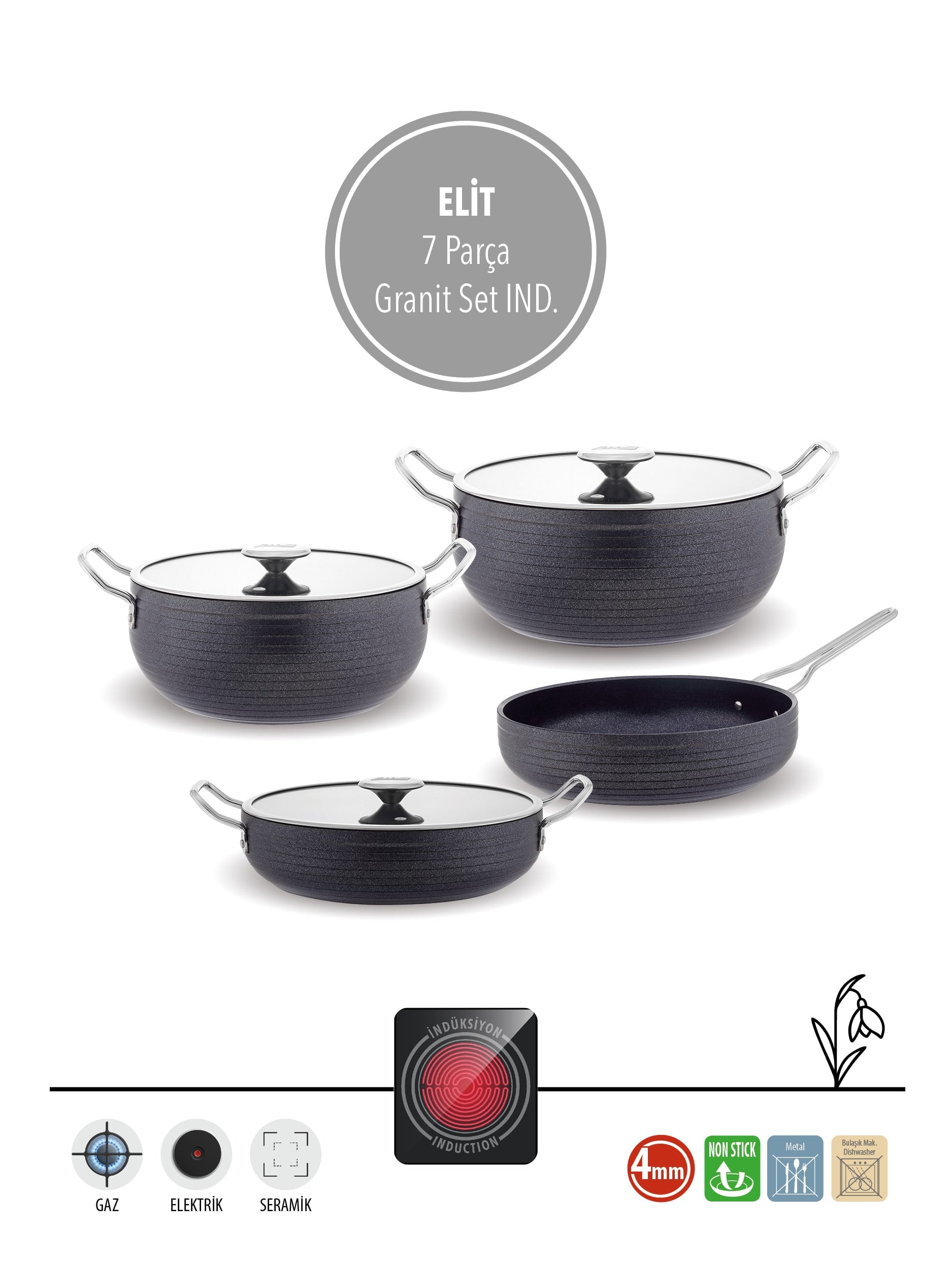 ELİT 7 PARÇA GRANİT TENCERE SETİ | İNDÜKSİYON UYUMLU | 4 MM KALIN TABAN | YAPIŞMAZ YÜZEY | 
