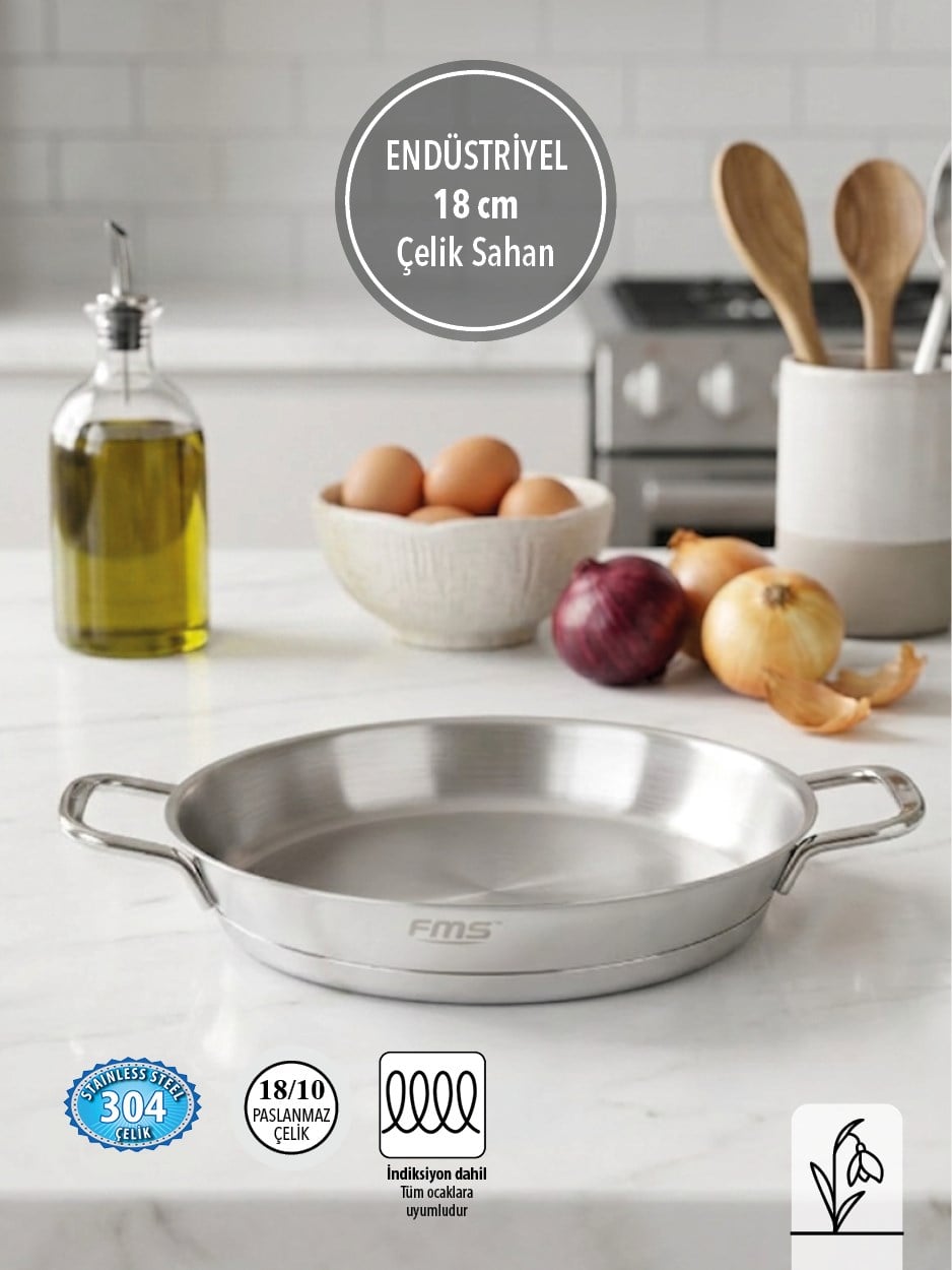FMS 18 cm Endüstriyel Çelik Sahan | 304 Paslanmaz | 18/10 Kafe – Restoran Tipi