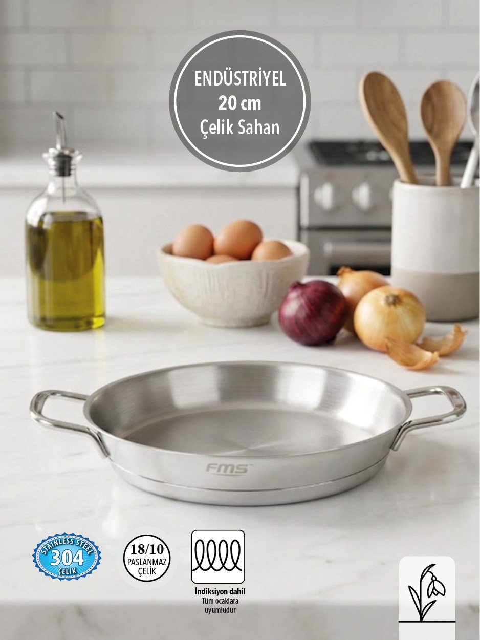 FMS 20 cm Endüstriyel Çelik Sahan | 304 Paslanmaz | 18/10 Kafe – Restoran Tipi