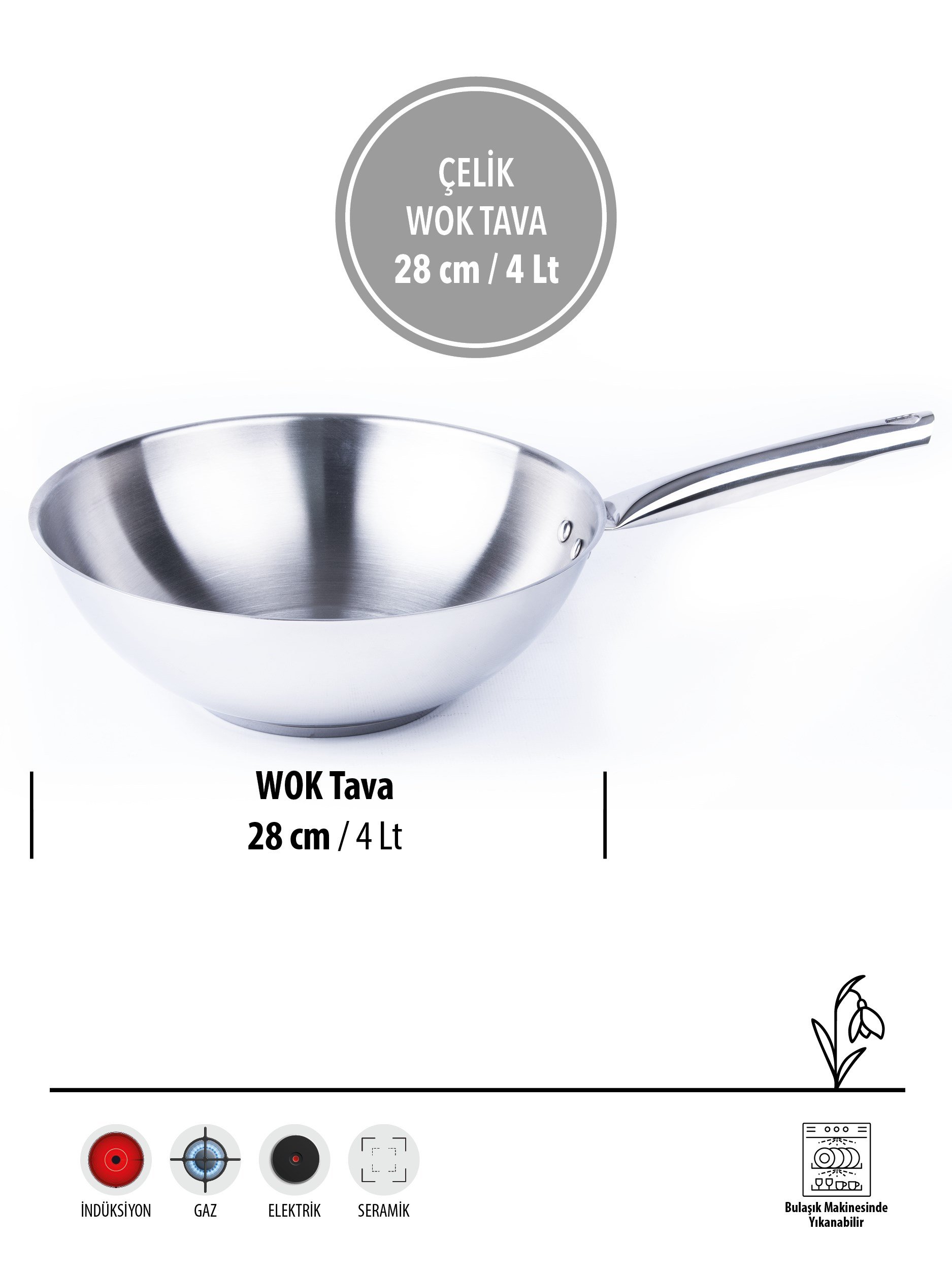 FMS 28 cm Çelik Wok Tava | 304 Paslanmaz | 18/10 | 4 L Kapasite | Profesyonel Wok