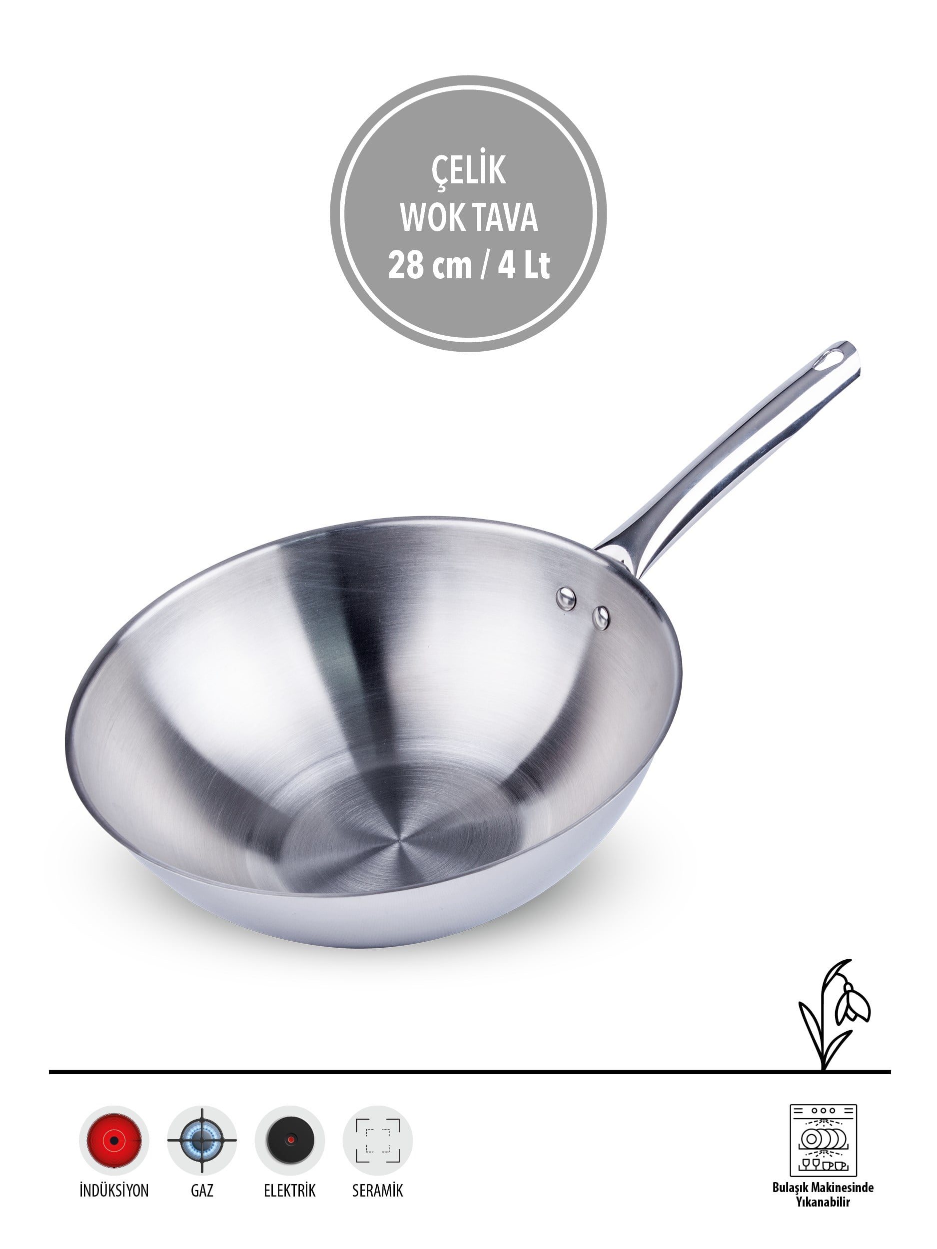 FMS 28 cm Çelik Wok Tava | 304 Paslanmaz | 18/10 | 4 L Kapasite | Profesyonel Wok
