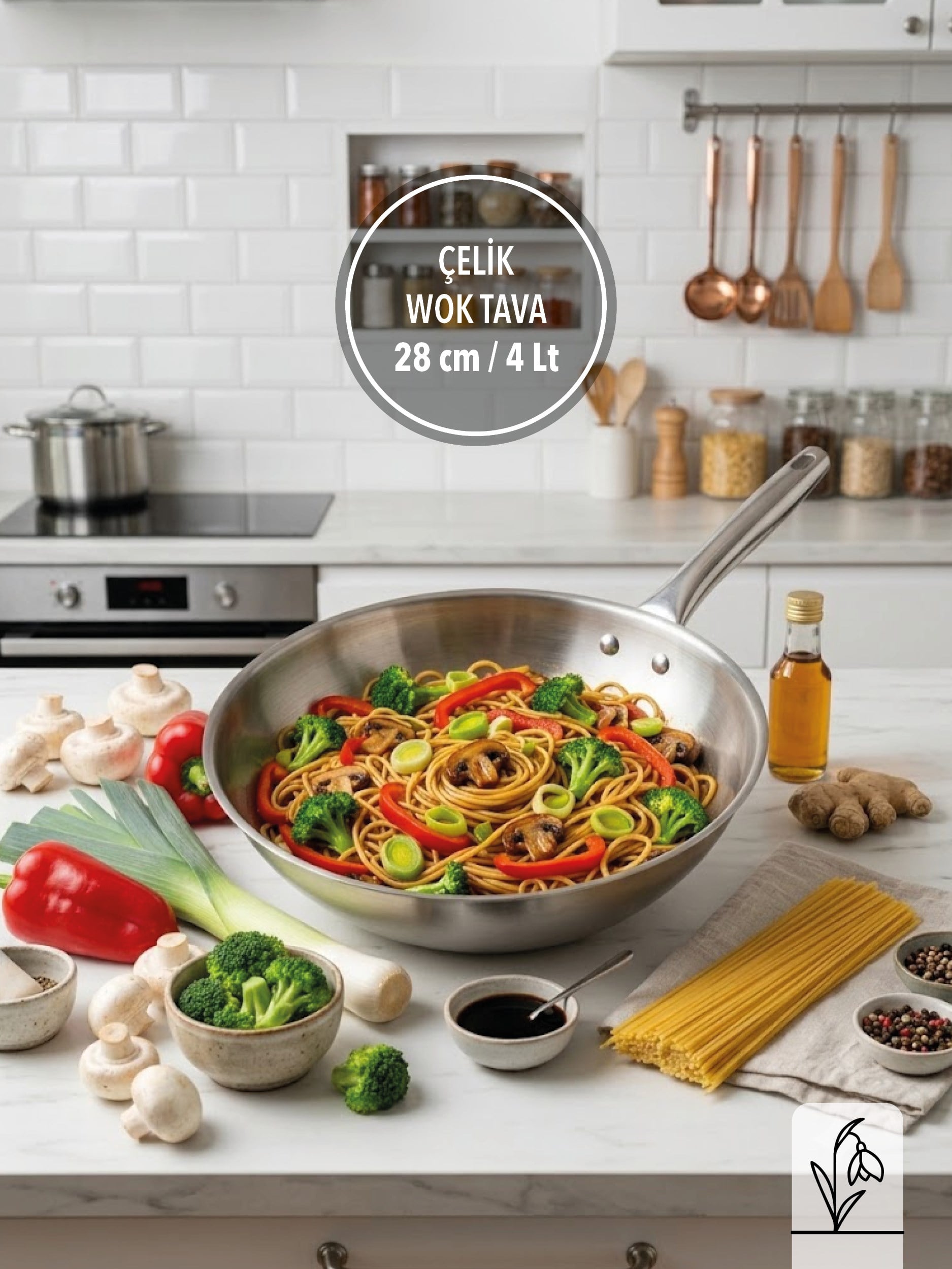 FMS 28 cm Çelik Wok Tava | 304 Paslanmaz | 18/10 | 4 L Kapasite | Profesyonel Wok