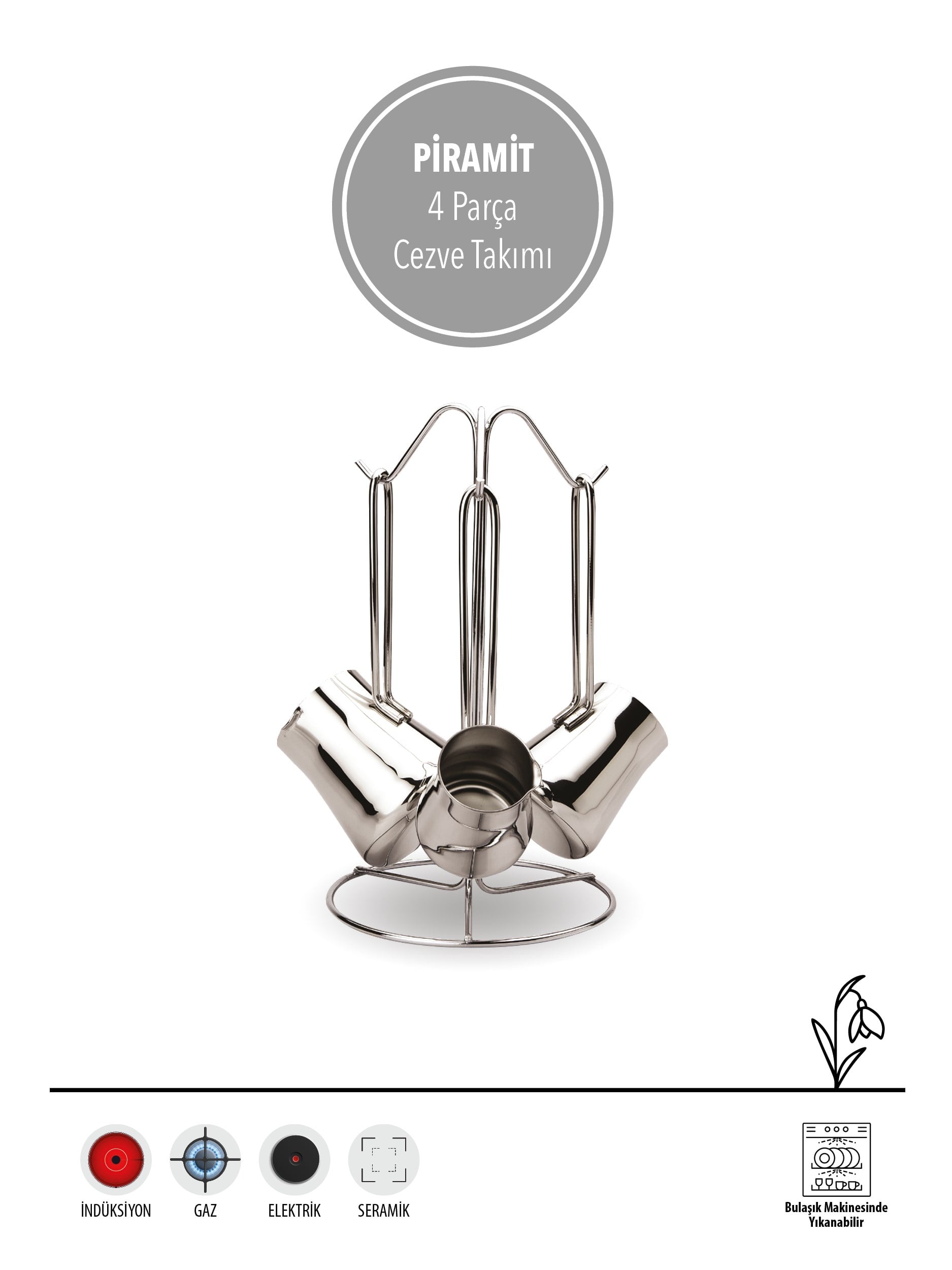 FMS | 304 Paslanmaz | Çelik Piramit Cezve Takımı Silver Paslanmaz 304 18/10