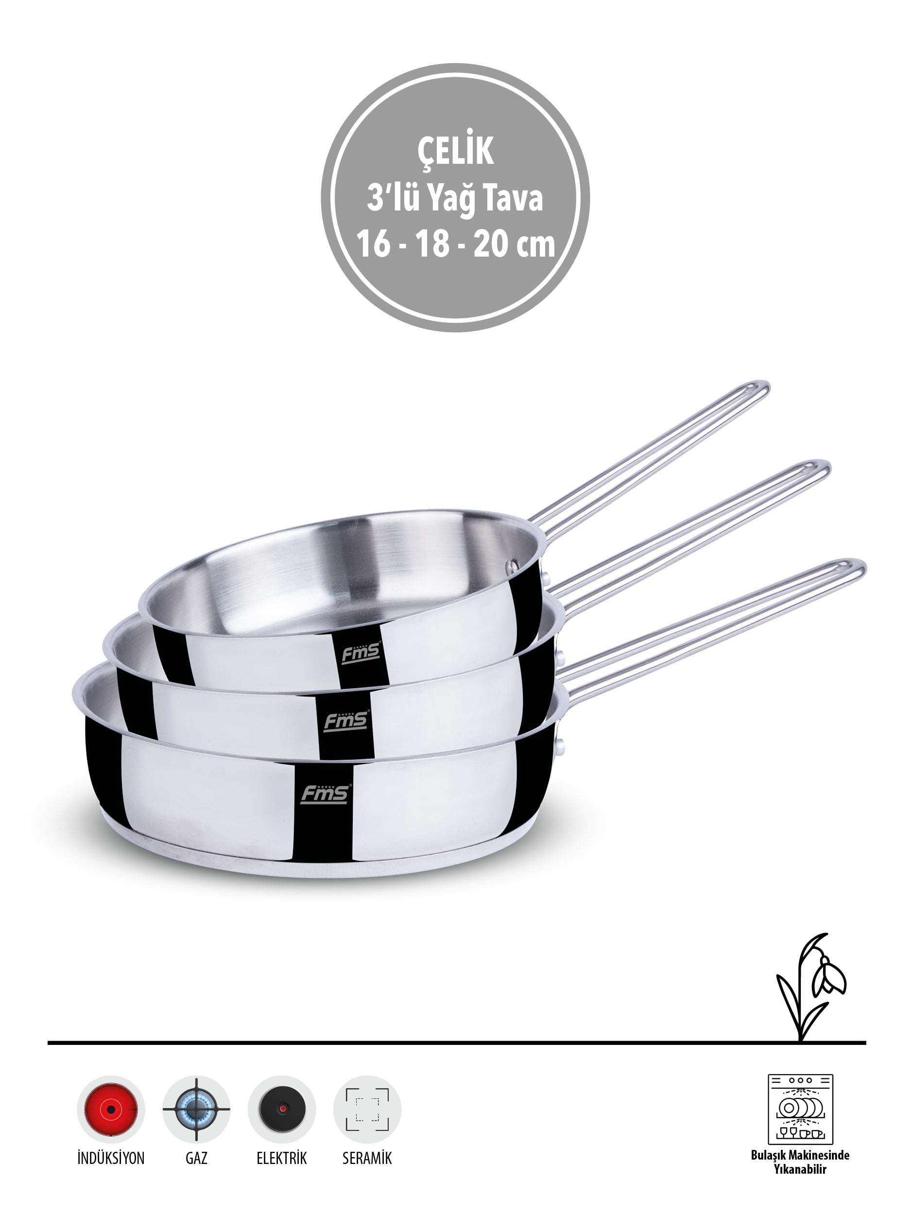 FMS 3'lü Çelik Tava Seti | 16-18-20 cm | 304 Paslanmaz | 18/10 Yağ Tavası Seti