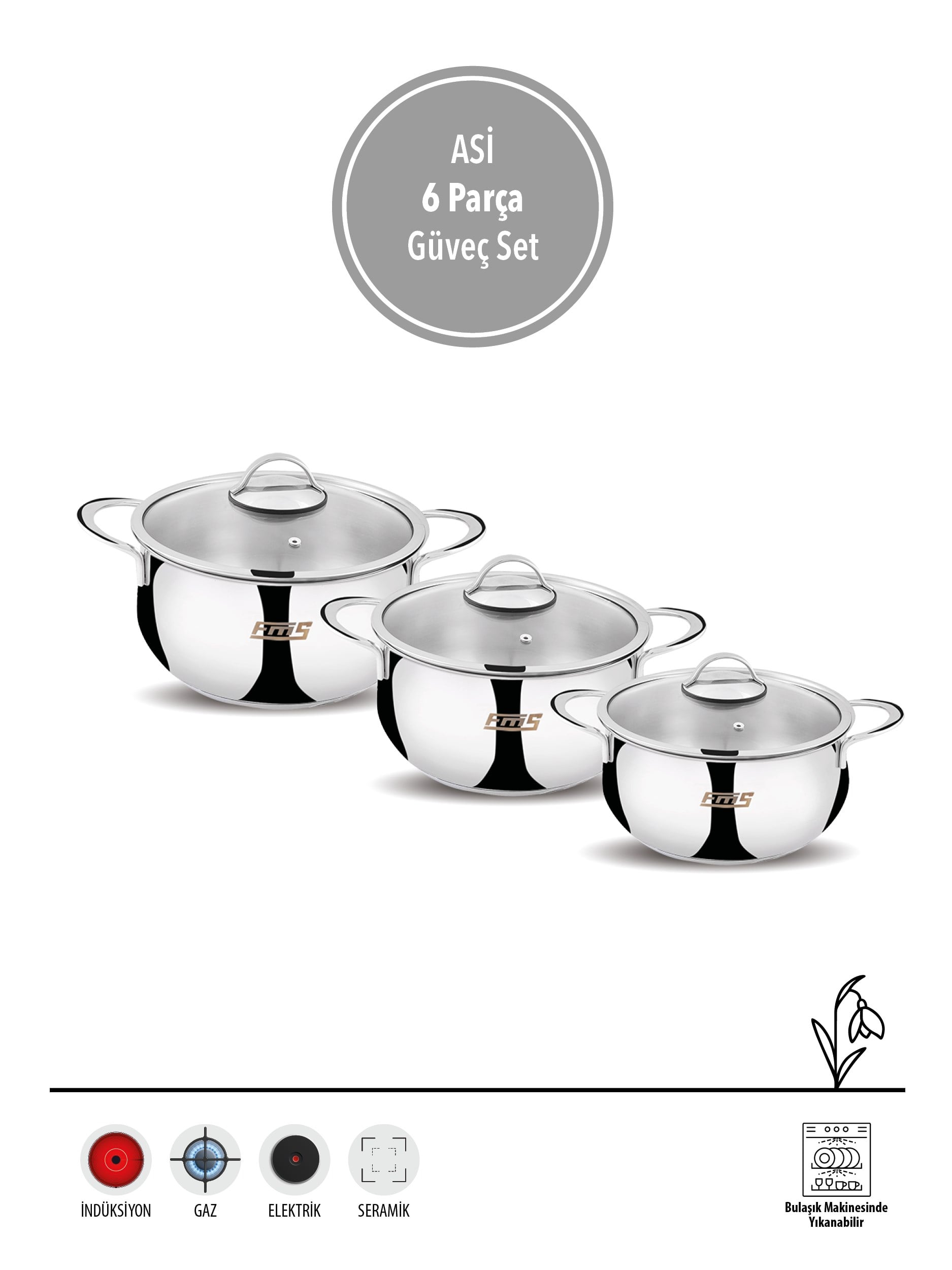 FMS 6 Parça Asi Güveç Seti | 16-18-20 cm |  304 Paslanmaz Çelik |18/10 