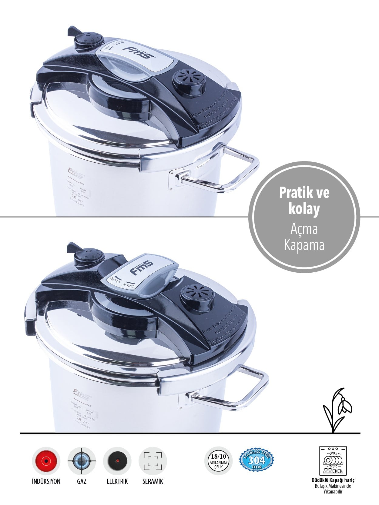 Fms Atlas İkiz Düdüklü Set Paslanmaz | 4-6 LT | Güvenli Basınç