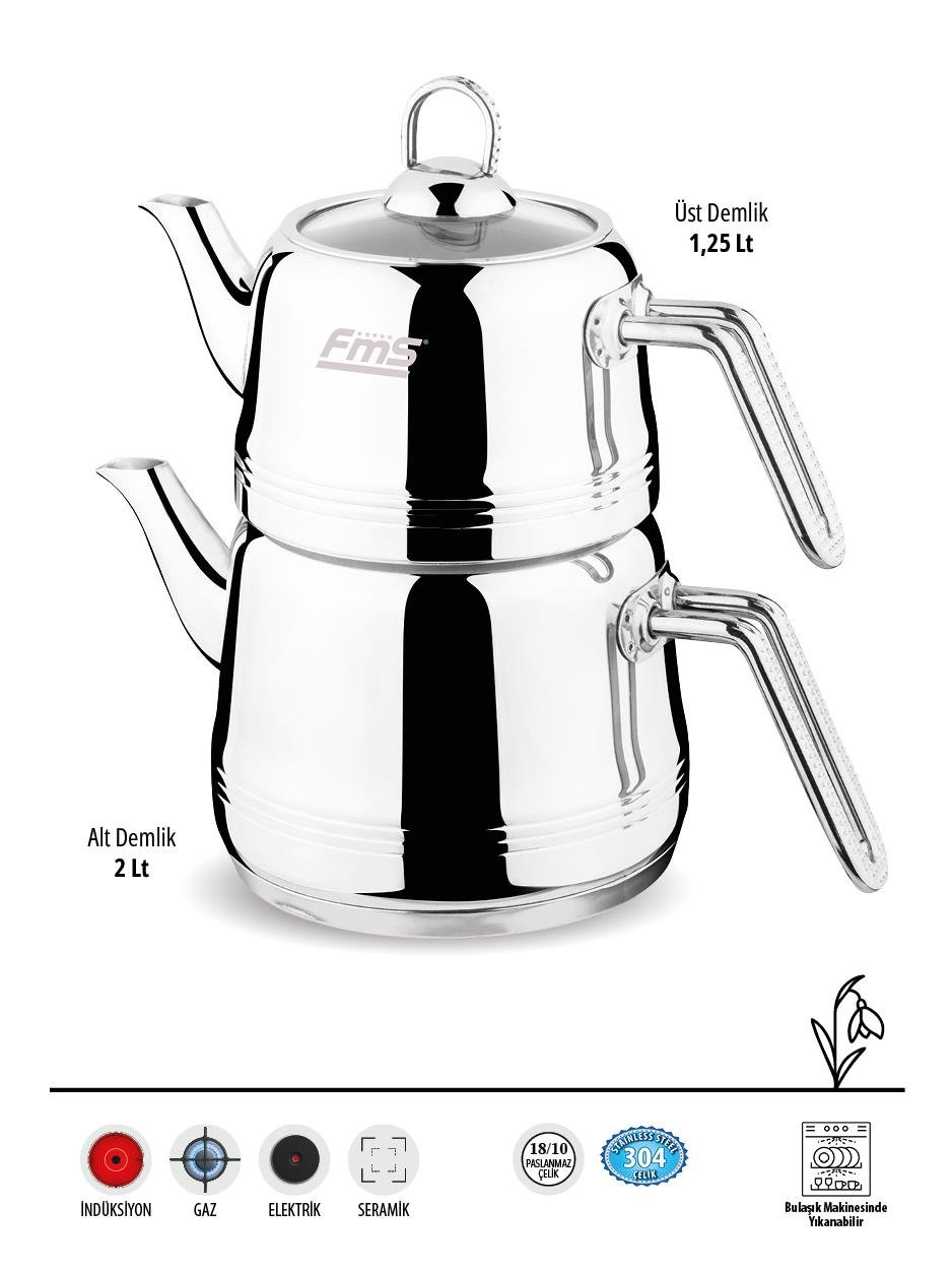 Fms Burcu | Orta Boy | Metal | 18/10 Çelik Çaydanlık | İndüksiyon Taban | Ergonomik Sap | 1,25 L+ 2 L