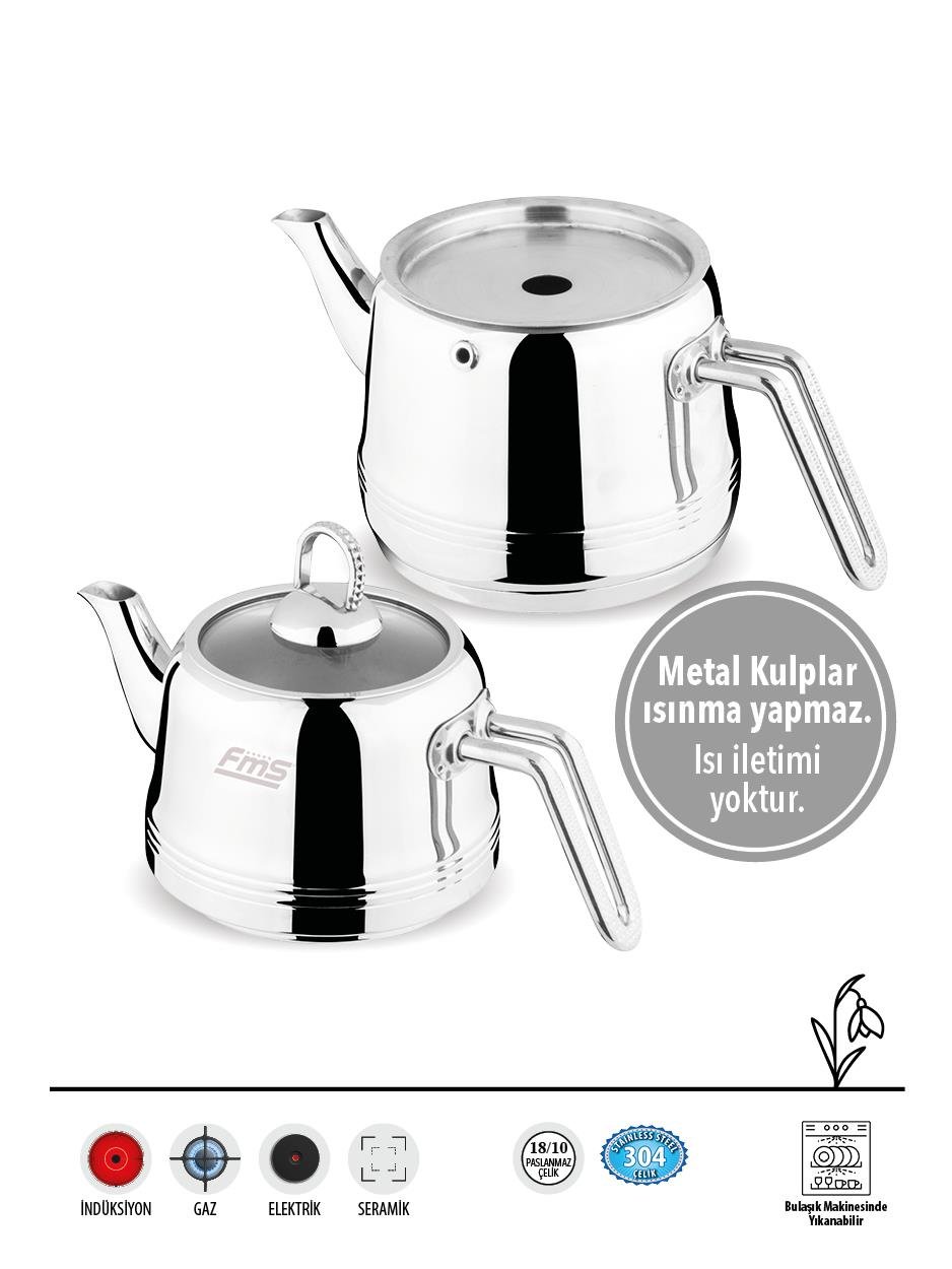 Fms Burcu | Orta Boy | Metal | 18/10 Çelik Çaydanlık | İndüksiyon Taban | Ergonomik Sap | 1,25 L+ 2 L