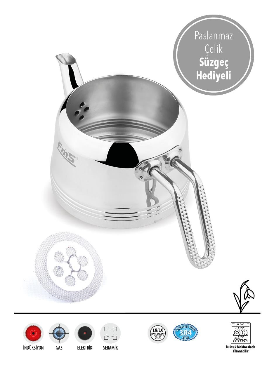 Fms Burcu | Orta Boy | Metal | 18/10 Çelik Çaydanlık | İndüksiyon Taban | Ergonomik Sap | 1,25 L+ 2 L