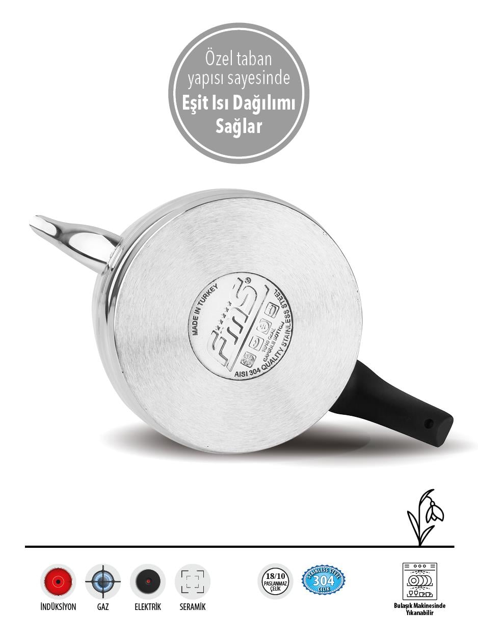 Fms Burcu | Orta Boy | Siyah | 18/10 Çelik Çaydanlık | İndüksiyon Taban | Ergonomik Sap | 1,25 L+ 2 L