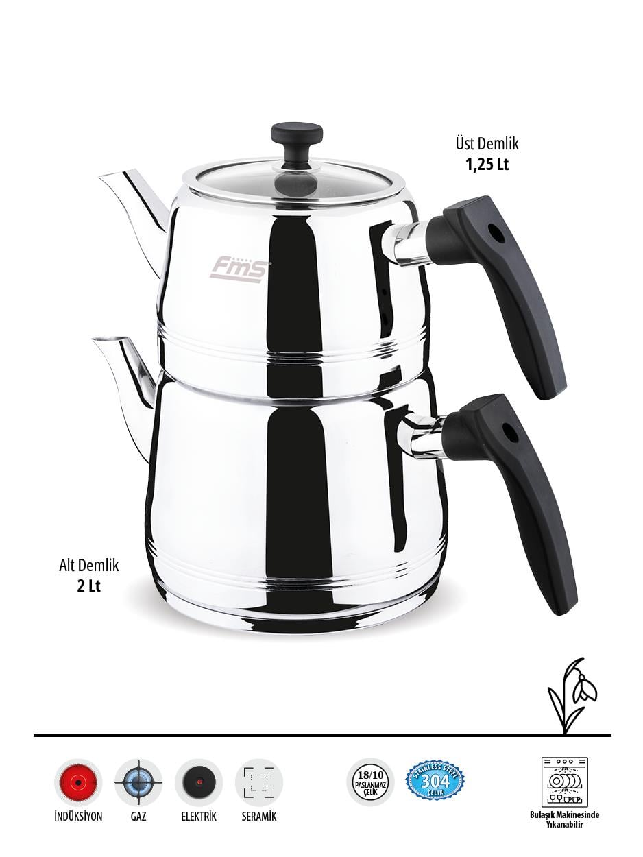 Fms Burcu | Orta Boy | Siyah | 18/10 Çelik Çaydanlık | İndüksiyon Taban | Ergonomik Sap | 1,25 L+ 2 L