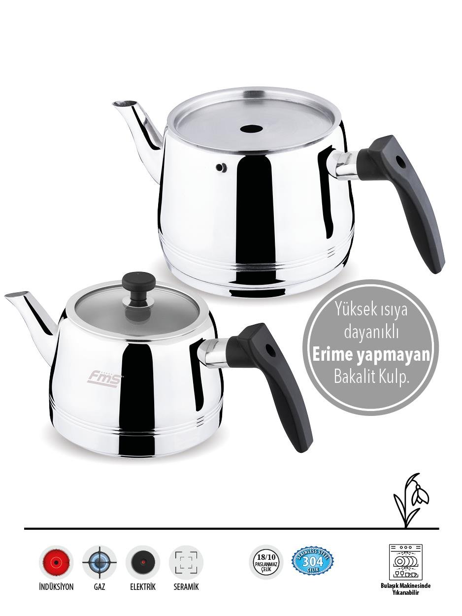 Fms Burcu | Orta Boy | Siyah | 18/10 Çelik Çaydanlık | İndüksiyon Taban | Ergonomik Sap | 1,25 L+ 2 L